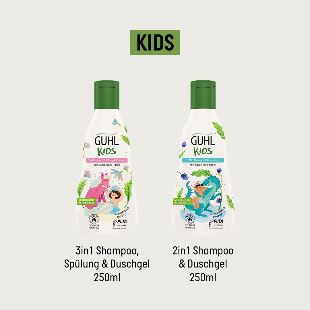 Guhl Kids Dino fördelningsset - 2x Guhl Kids 2 i 1 schampo & duschgel, 250ml + 1x Pixi-bok - Speciellt utvecklad för barn - Ingen dragning - Cosmos Natural Certificate Barn - Bad och hudvård Naty Shop