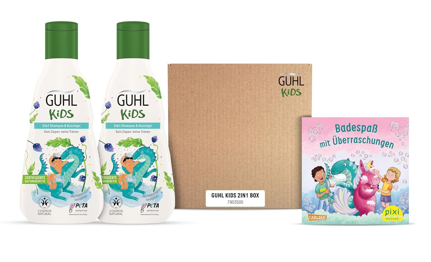 Guhl Kids Dino fördelningsset - 2x Guhl Kids 2 i 1 schampo & duschgel, 250ml + 1x Pixi-bok - Speciellt utvecklad för barn - Ingen dragning - Cosmos Natural Certificate Barn - Bad och hudvård Naty Shop