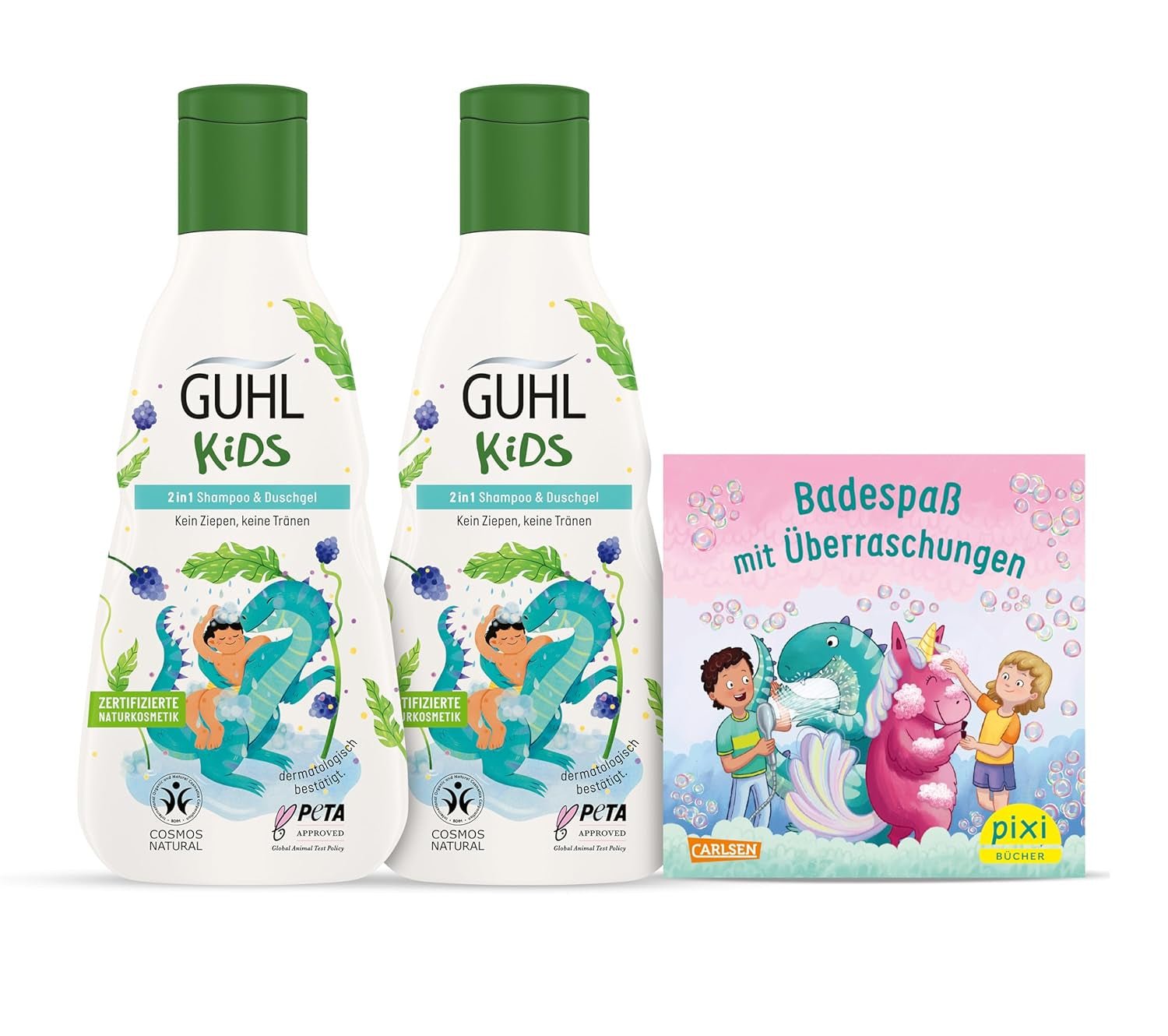 Guhl Kids Dino fördelningsset - 2x Guhl Kids 2 i 1 schampo & duschgel, 250ml + 1x Pixi-bok - Speciellt utvecklad för barn - Ingen dragning - Cosmos Natural Certificate Barn - Bad och hudvård Naty Shop Standardtitel
