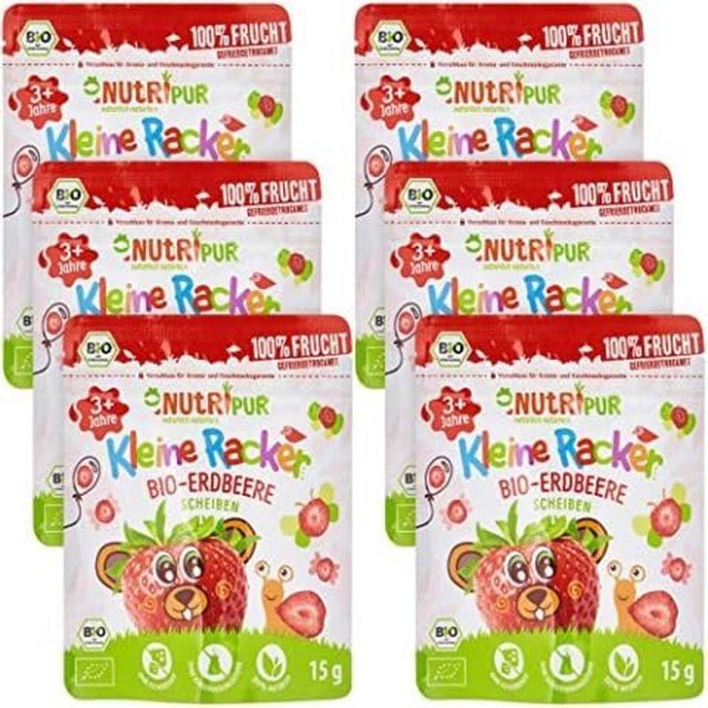 Ekologiska fruktsnacks för barn: 6x15g ekologiska frystorkade jordgubbar - Frystorkad frukt - Torkad frukt - Små rackare från NutriPur Dehydrerade produkter Naty Shop Standardtitel