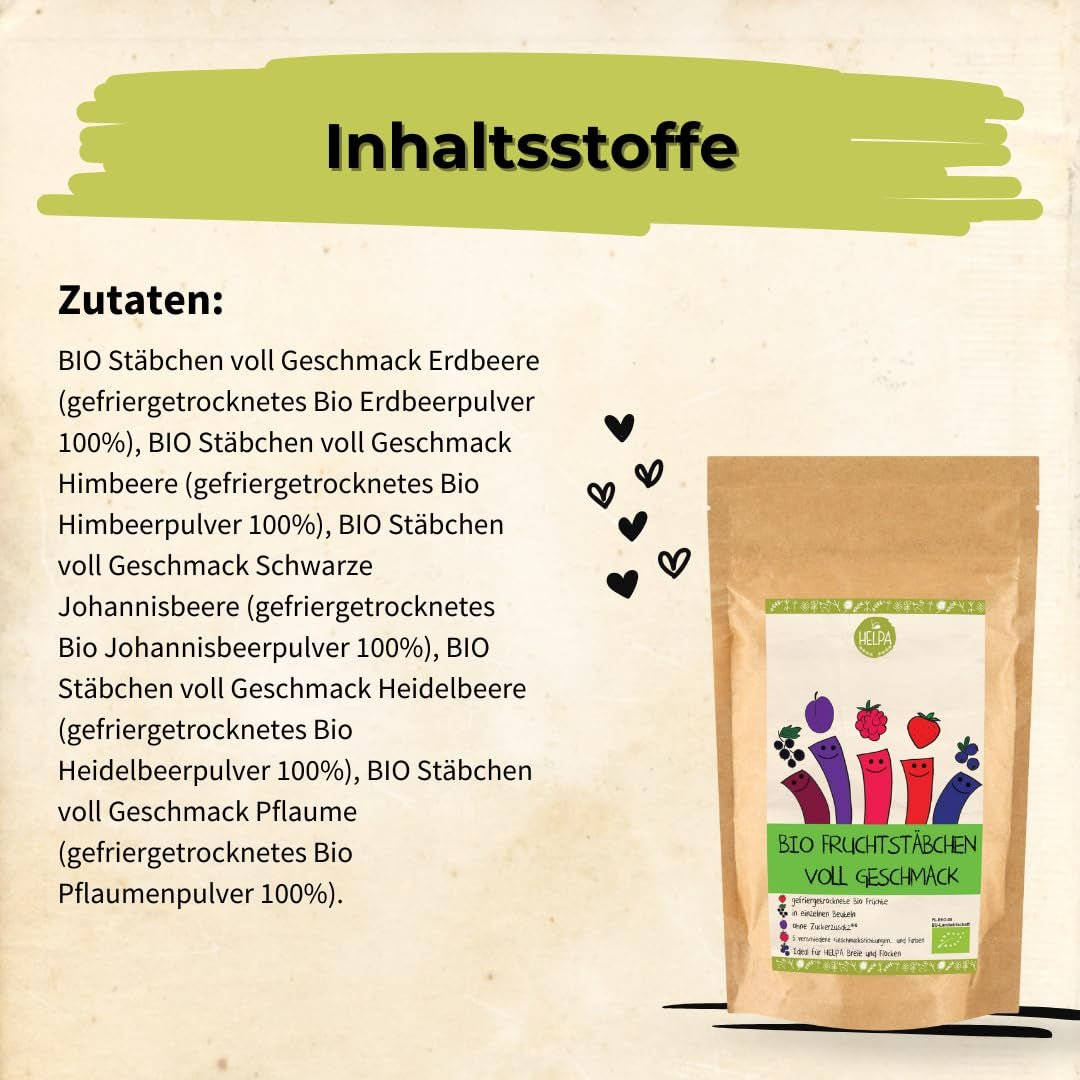 HELPA BIO-påsar med fruktpulver - fruktiga smaker - frukt - jordgubbar - hallon - blåbär - plommon - svarta vinbär - 100% frystorkad frukt - barnmat Torkad produkter Naty Shop