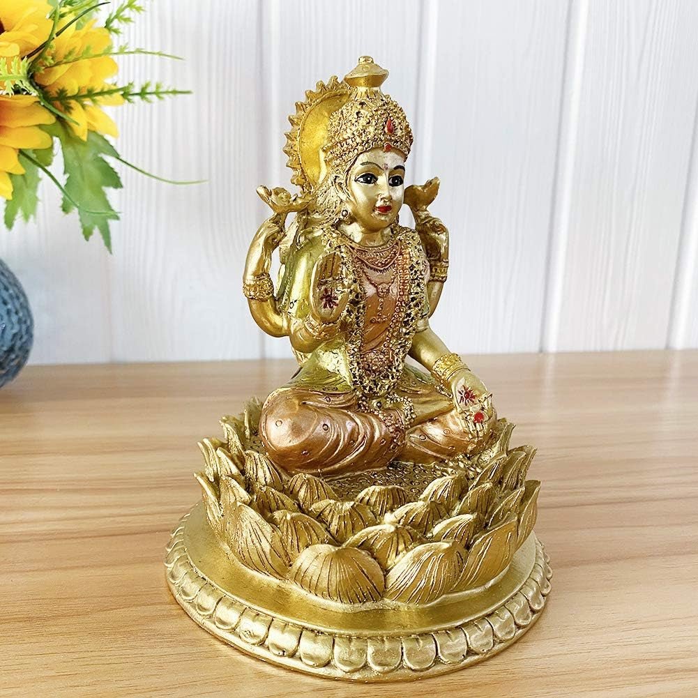 Hinduiska gudinnan Laxmi Lotus Skulptur - Indiska Guden Lord Lakshmi Puja Staty - Indien Murti Idol Figuriner Pooja Objekt Diwali Presenter Statyetter och skulpturer Naty Shop