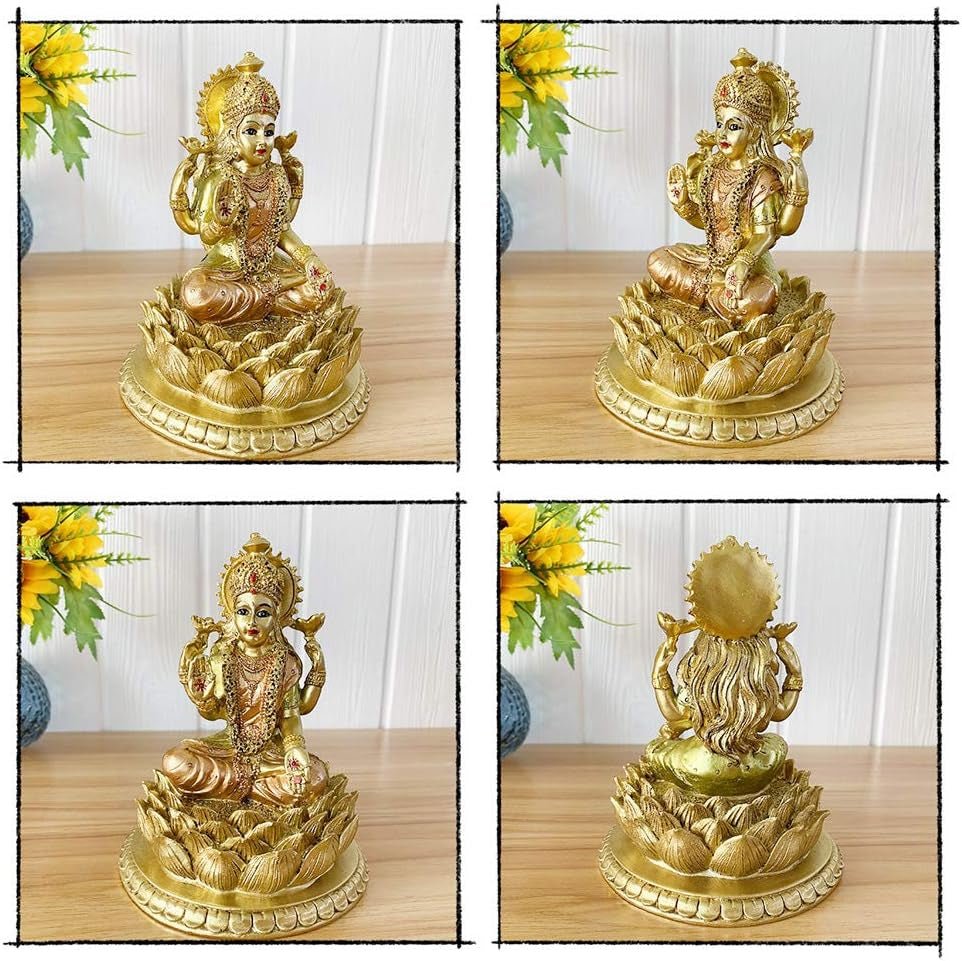 Hinduiska gudinnan Laxmi Lotus Skulptur - Indiska Guden Lord Lakshmi Puja Staty - Indien Murti Idol Figuriner Pooja Objekt Diwali Presenter Statyetter och skulpturer Naty Shop