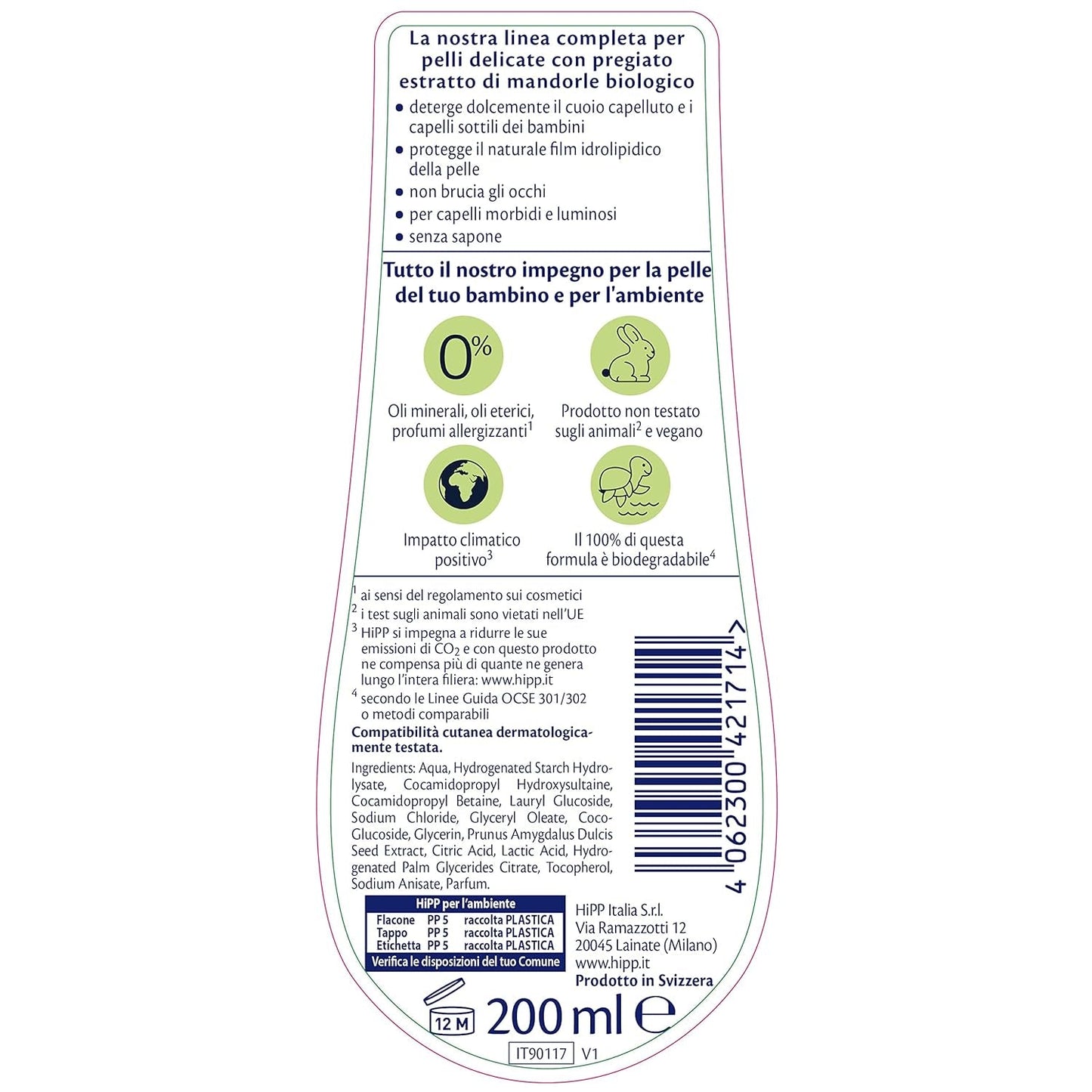HiPP - Baby Care Milt schampo för barn, rengör och irriterar ögonen skonsamt, för känslig hud, med naturligt ekologiskt mandelextrakt, 1 flaska med 200 ml Barn - Bath and Skincare Naty Shop