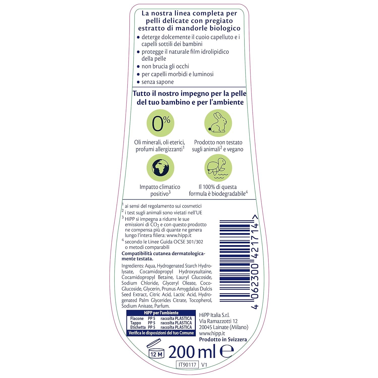 HiPP - Baby Care Milt schampo för barn, rengör och irriterar ögonen skonsamt, för känslig hud, med naturligt ekologiskt mandelextrakt, 1 flaska med 200 ml Barn - Bath and Skincare Naty Shop