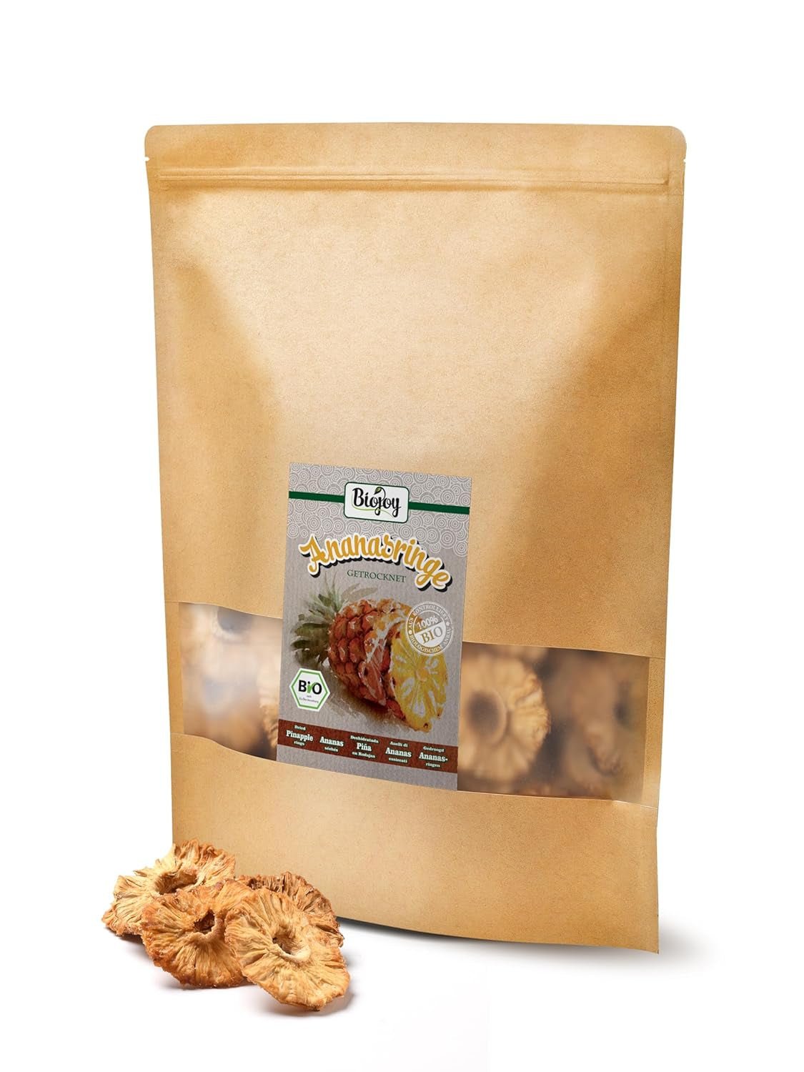 Biojoy BIO ananasringar, torkade (1 kg), osvavelfria Naty Shop torkade produkter