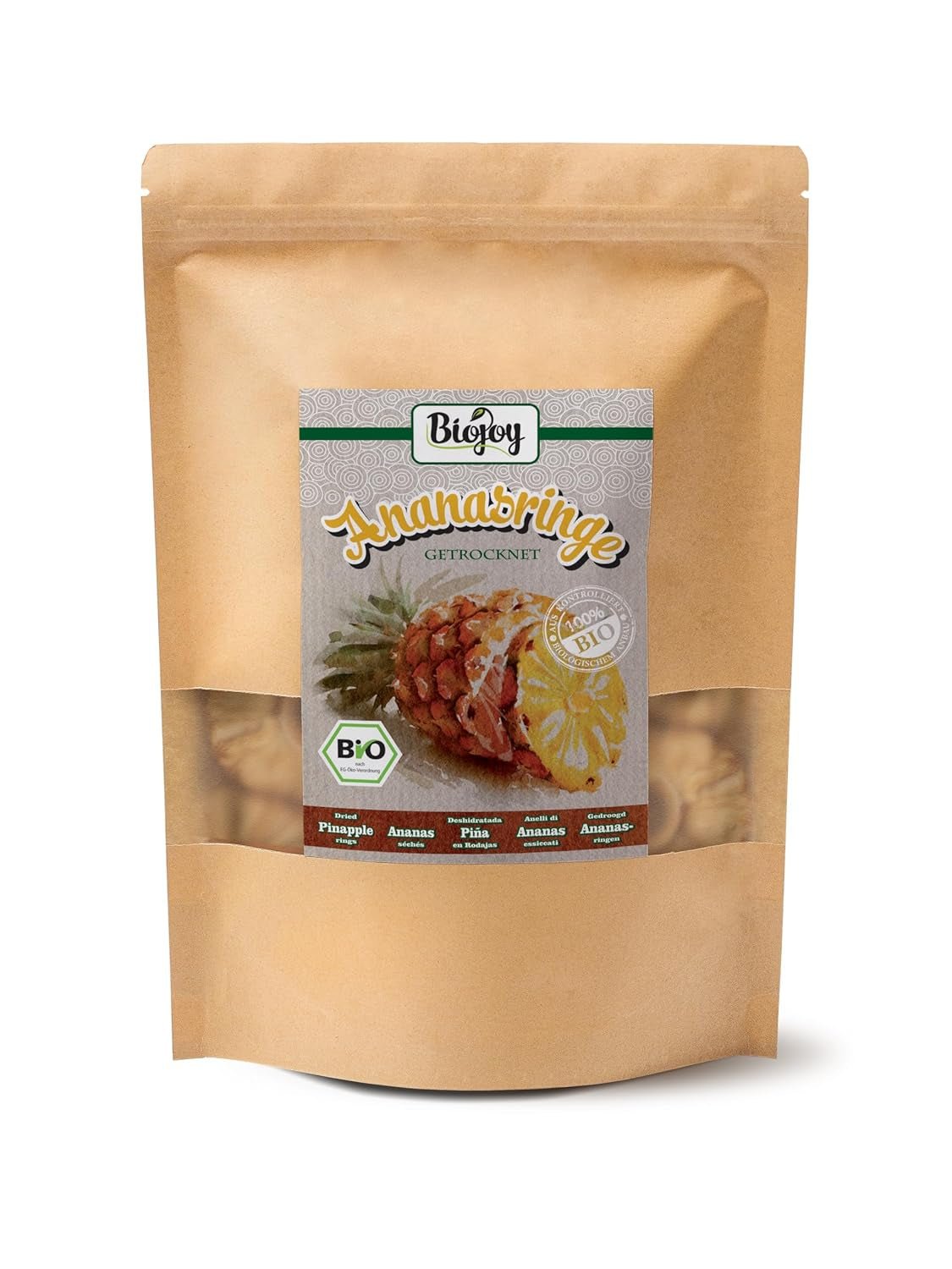 Biojoy BIO ananasringar, torkade (1 kg), osvavelfria Naty Shop torkade produkter 500 G