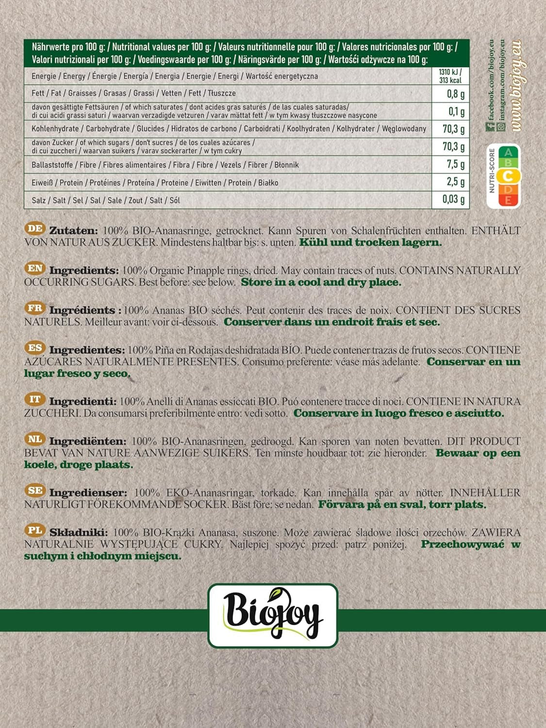 Biojoy BIO ananasringar, torkade (1 kg), osvavelfria Naty Shop torkade produkter