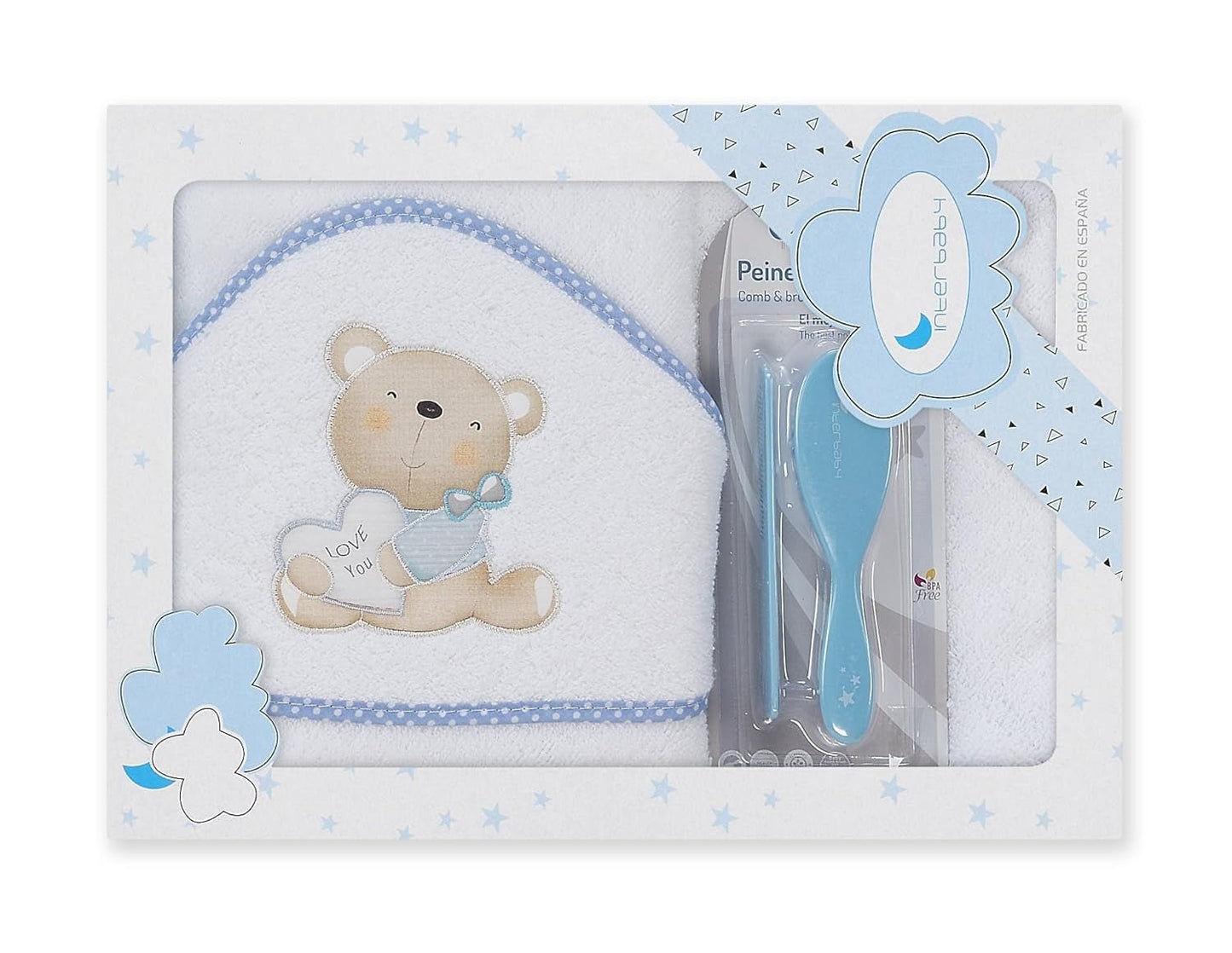 Interbaby P1177-11 Badlakan med huva för barn LOVE YOU vit och blå med kam och borste, blå Barn - Bad och hudvård Naty Shop Standardtitel