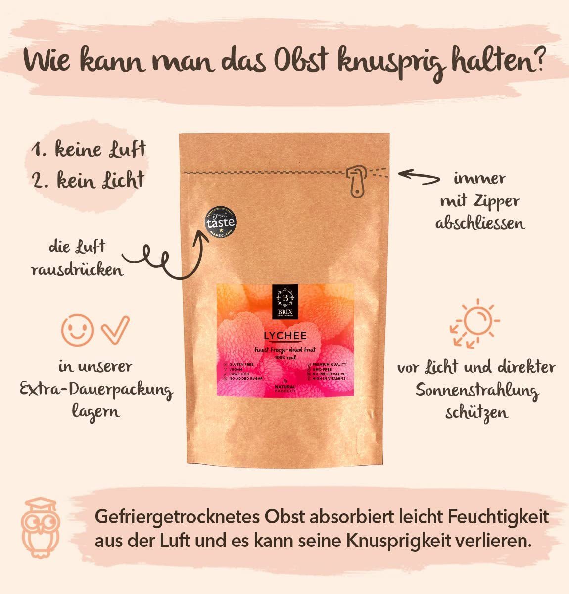 Torkad litchi BRIX | Naturlig litchi, torkad 95 g | Great Taste Award för torkad frukt | Icke-GMO, glutenfri, vegan, konserverade vitaminer Naty Shop Dehydrerade produkter