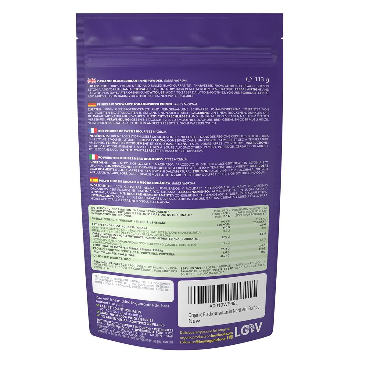 LOOV ekologiskt svart vinbärspulver, tillverkat av 100 % hela svarta vinbär, frystorkade och pulveriserade ekologiska bär, odlat i norra Europa, utan tillsatt socker, 113 g Naty Shop torkade produkter