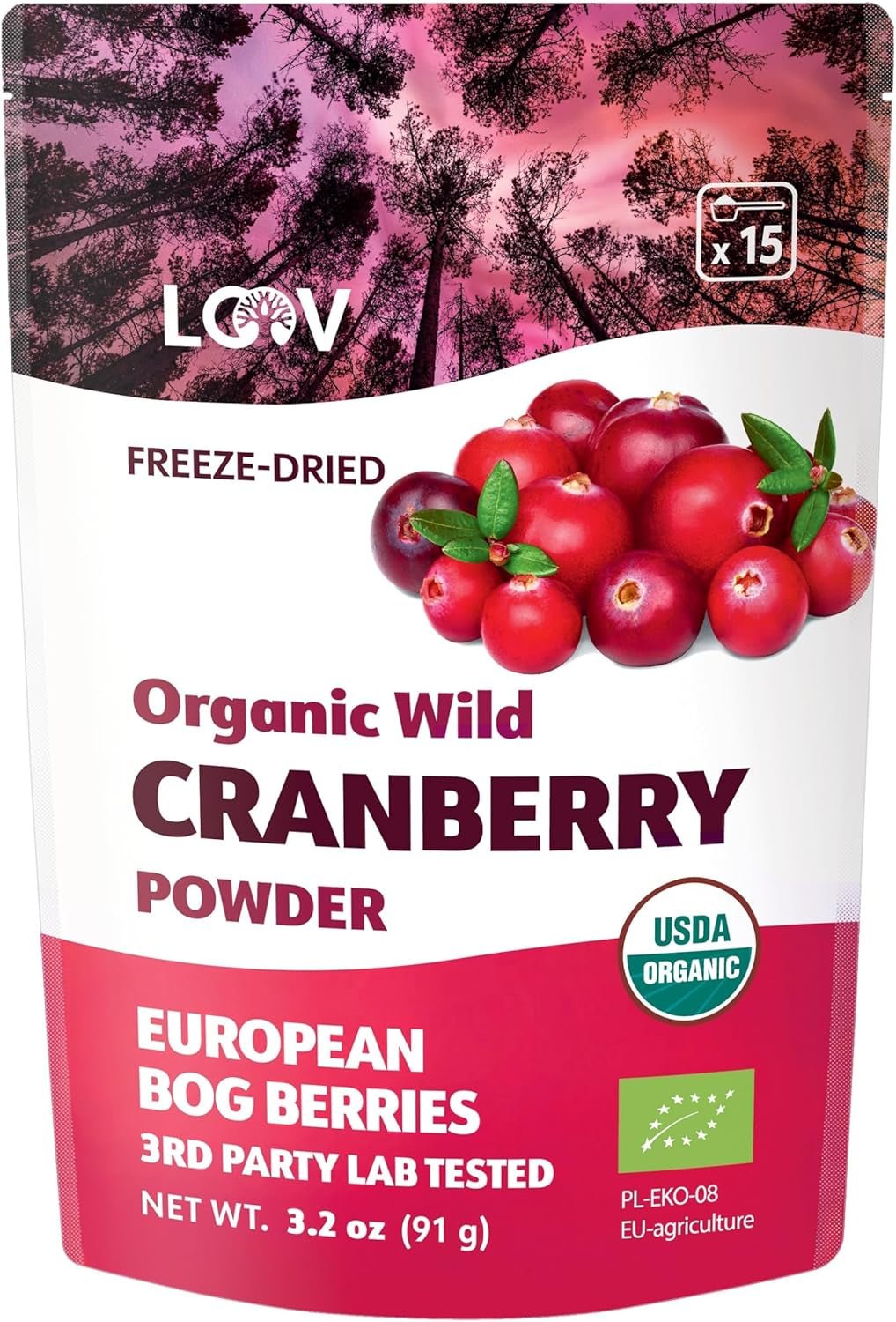 LOOV ekologiskt blåbärspulver tillverkat av 100 % hela vilda frystorkade blåbär skördade i nordeuropeiska skogar 113 g utan tillsatt socker Naty Shop torkade produkter 91 g tranbärspulver