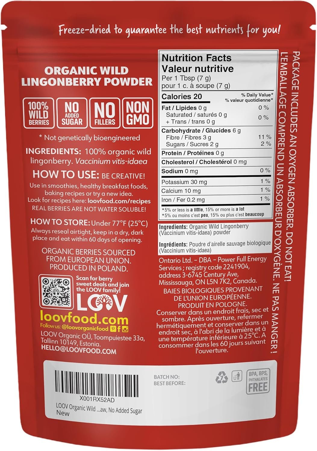 LOOV ekologiskt blåbärspulver, tillverkat av 100 % hela, frystorkade vilda blåbär skördade i skogarna i norra Europa, 113 g, utan tillsatt socker Naty Shop Dehydrated Products