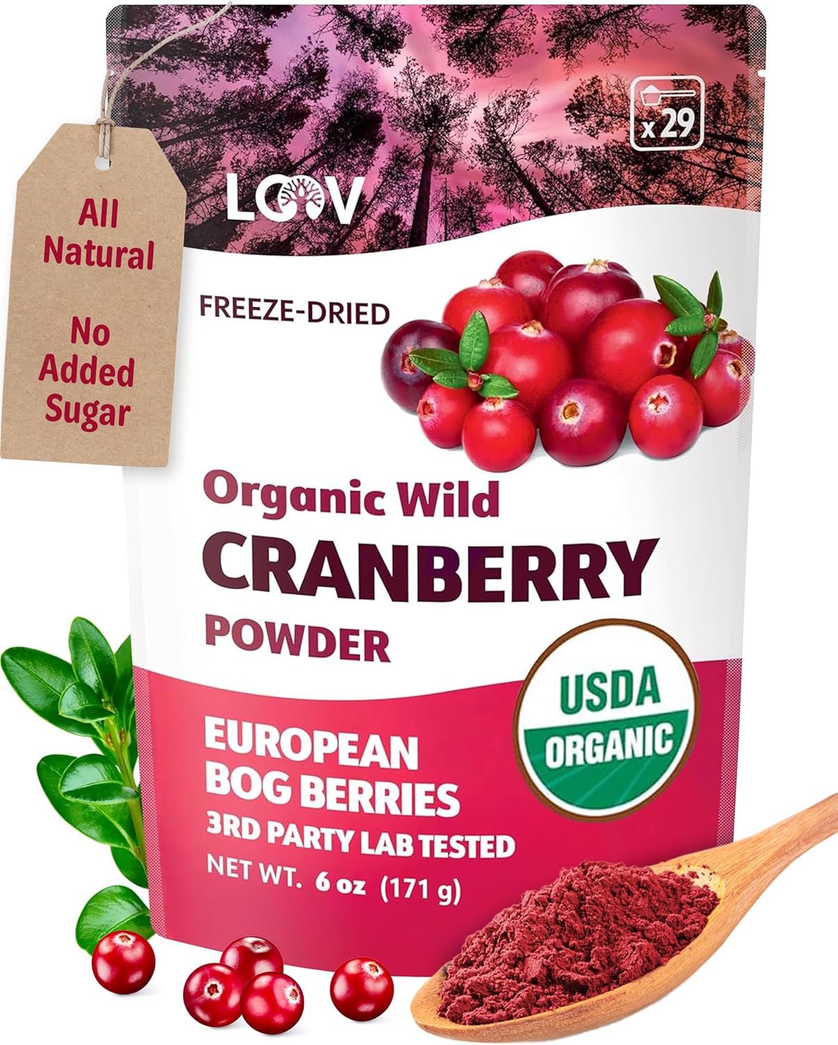 LOOV ekologiskt blåbärspulver tillverkat av 100 % hela vilda frystorkade blåbär skördade i nordeuropeiska skogar 113 g utan tillsatt socker Naty Shop torkade produkter 171 g tranbärspulver