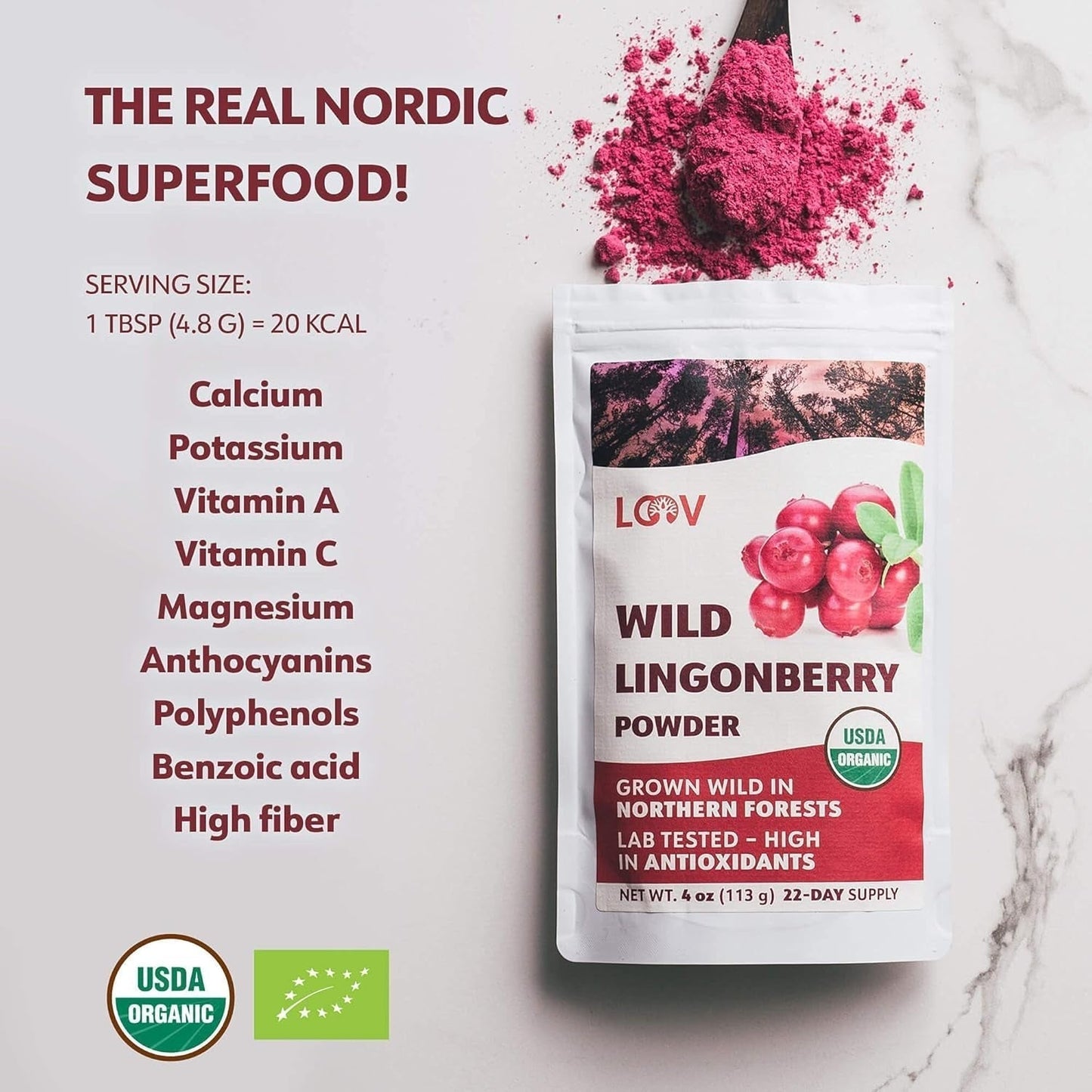 LOOV ekologiskt blåbärspulver, tillverkat av 100 % hela, frystorkade vilda blåbär skördade i skogarna i norra Europa, 113 g, utan tillsatt socker Naty Shop Dehydrated Products