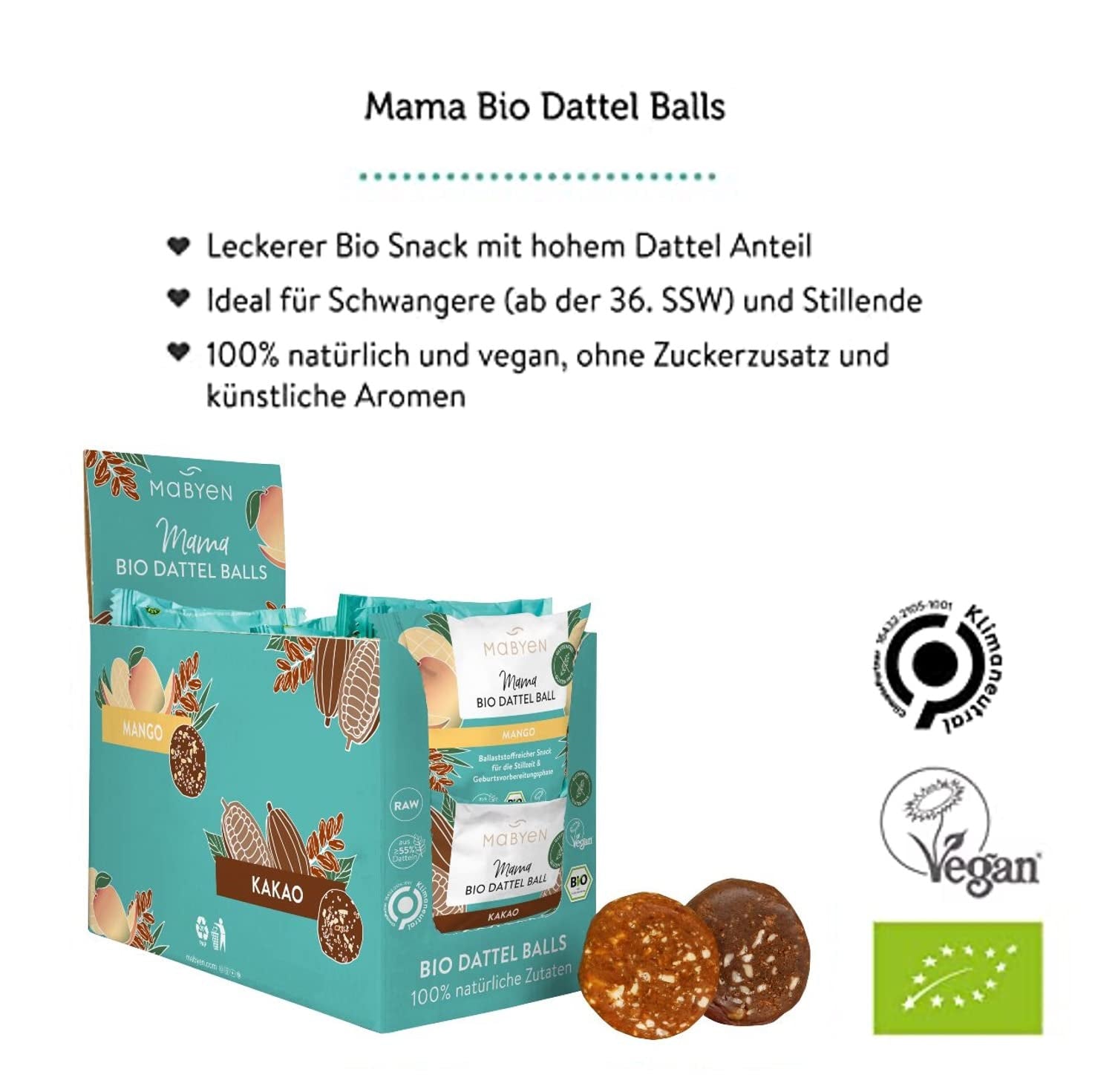MABYEN Energikulor Dadel Ekologisk 20 st. | Dadelbollar - Sockerfria hälsosamma mellanmål för graviditet och amning - Proteinbars med torkad frukt - 13 x kakao och 7 x mangosmak Dehydrerade produkter Naty Shop
