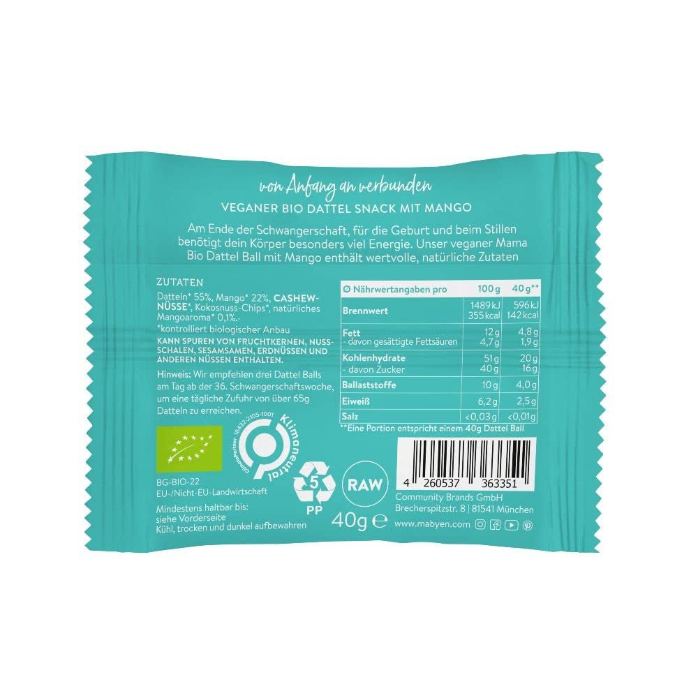 MABYEN Energikulor Dadel Ekologisk 20 st. | Dadelbollar - Sockerfria hälsosamma mellanmål för graviditet och amning - Proteinbars med torkad frukt - 13 x kakao och 7 x mangosmak Dehydrerade produkter Naty Shop