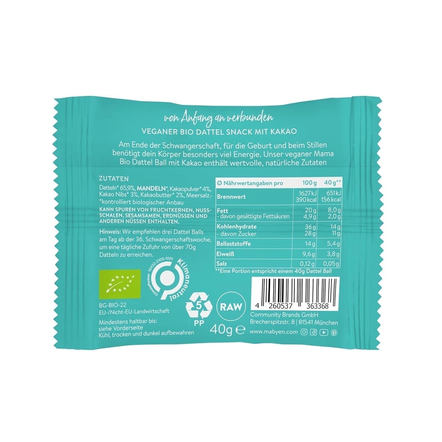 MABYEN Energikulor Dadel Ekologisk 20 st. | Dadelbollar - Hälsosamma sockerfria mellanmål för graviditet och amning - Proteinbar med torkad frukt - Kakaosmak Uttorkade produkter Naty Shop