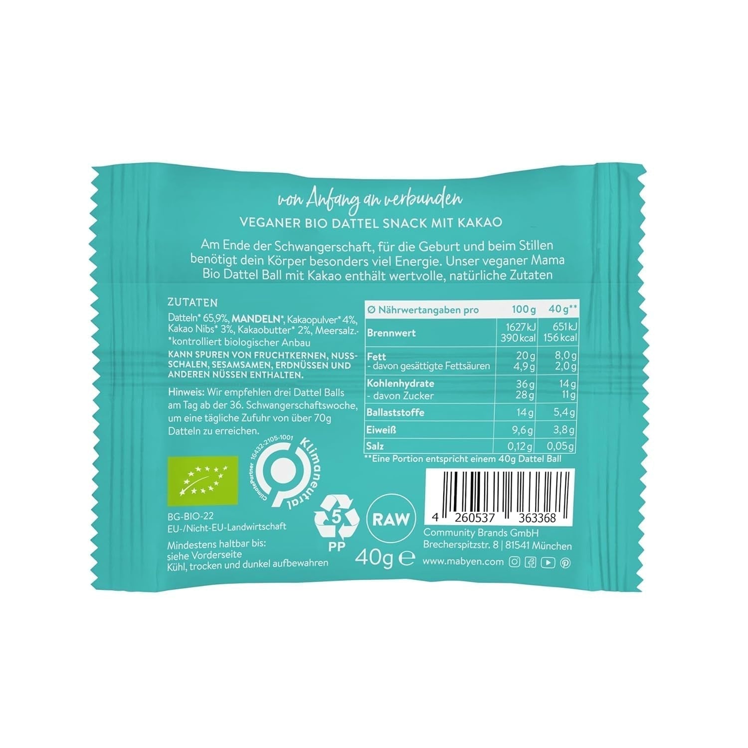 MABYEN Energikulor Dadel Ekologisk 20 st. | Dadelbollar - Hälsosamma sockerfria mellanmål för graviditet och amning - Proteinbar med torkad frukt - Kakaosmak Uttorkade produkter Naty Shop