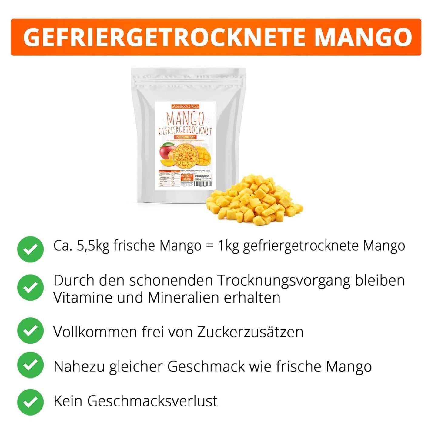 Frystorkad mango, 250g frystorkad frukt, utan tillsatser, fruktig, tillverkad i Tyskland Dehydrerade produkter Naty Shop