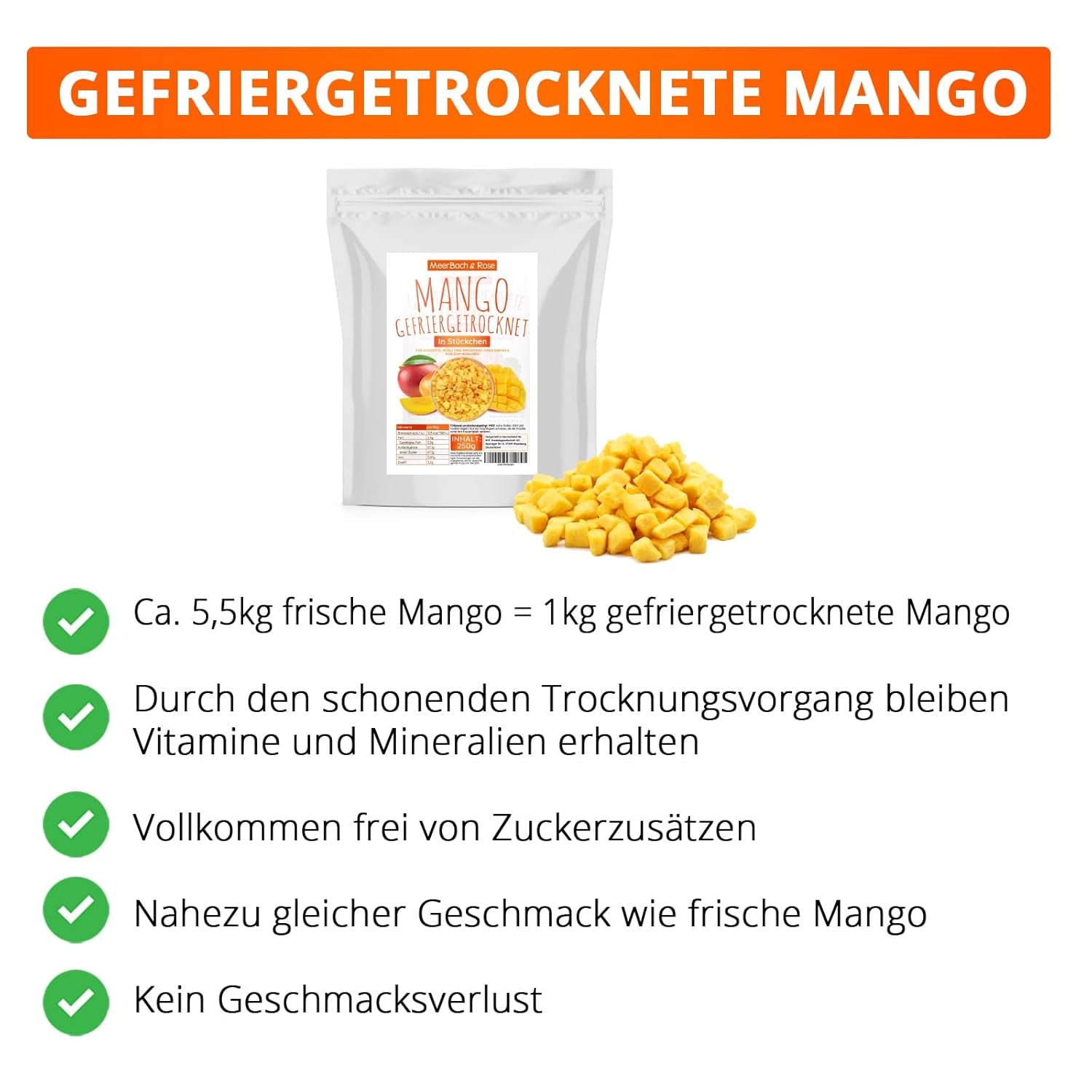 Frystorkad mango, 250g frystorkad frukt, utan tillsatser, fruktig, tillverkad i Tyskland Dehydrerade produkter Naty Shop
