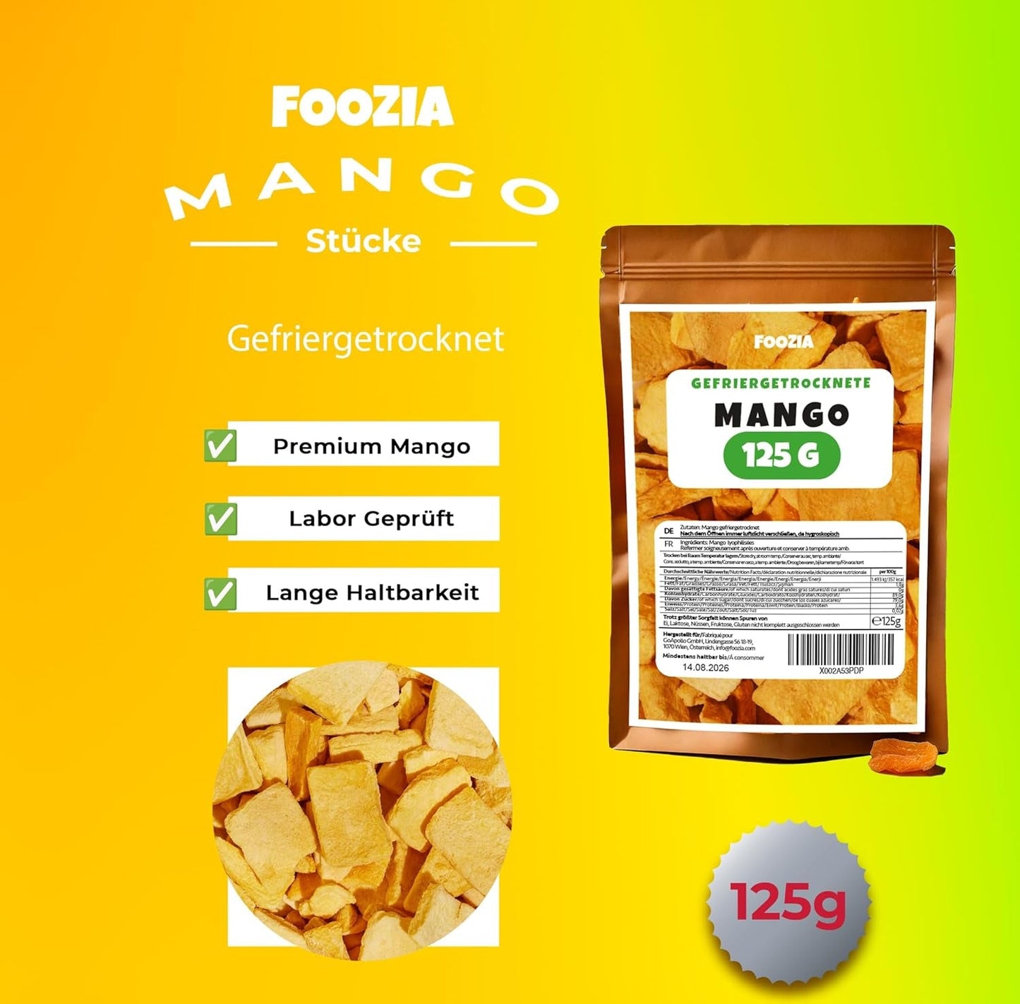Frystorkad mango stora bitar Frystorkad frukt Inga tillsatser 100% ren naturlig mango Frystorkad mango Torkad frukt Torkad mango 125g från Foozia (125g) Dehydrerade produkter Naty Shop