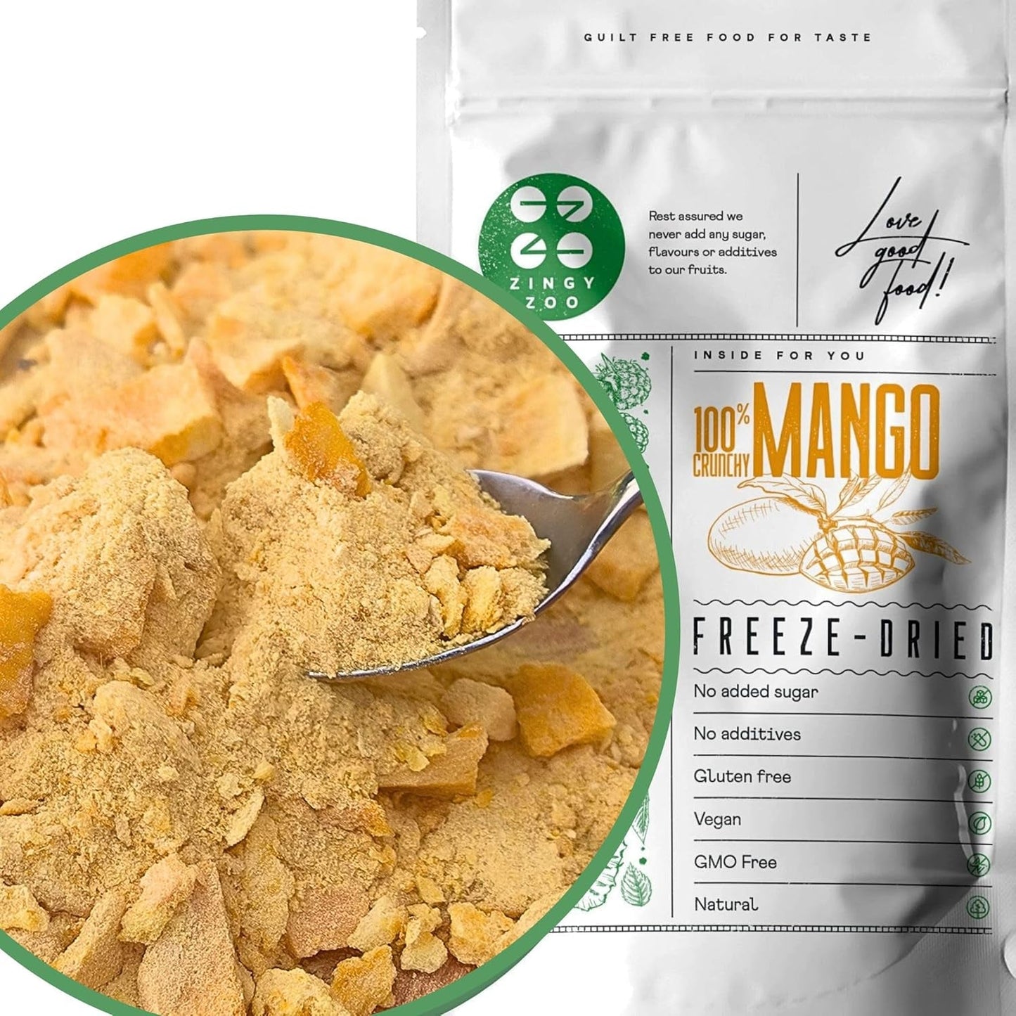 Frystorkad mango | Inget tillsatt socker Frystorkad mango | Frystorkad mango Mangofrukt Torkad mango | Torkad mango Torkad frukt utan tillsatser | ZingyZoo torkad mango (100 g) Dehydrerade produkter Naty Shop krossade bitar 300 g