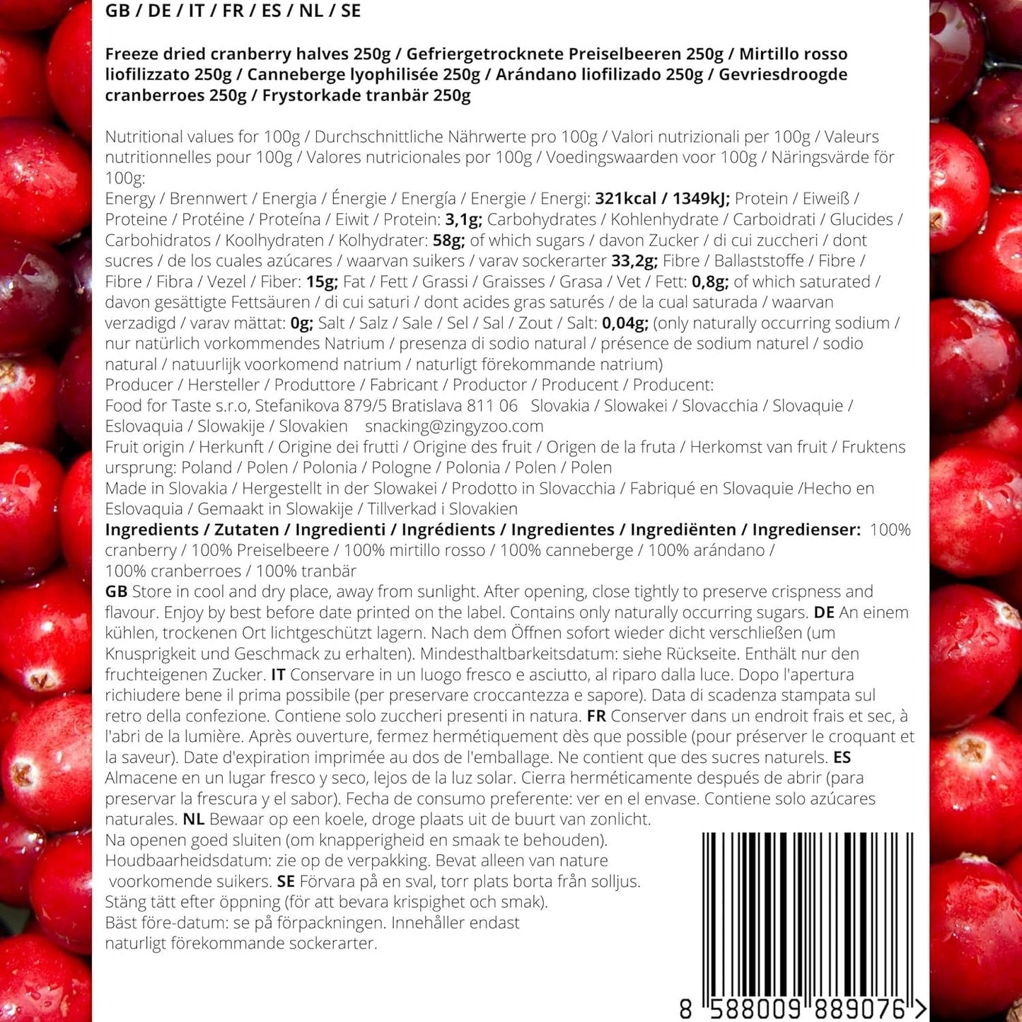 Frystorkade tranbär utan socker | XL 250g Frystorkade naturliga osötade tranbär | Frystorkade naturliga vilda frukter | Frystorkade tranbär | ZingyZoo Dehydrerade produkter Naty Shop
