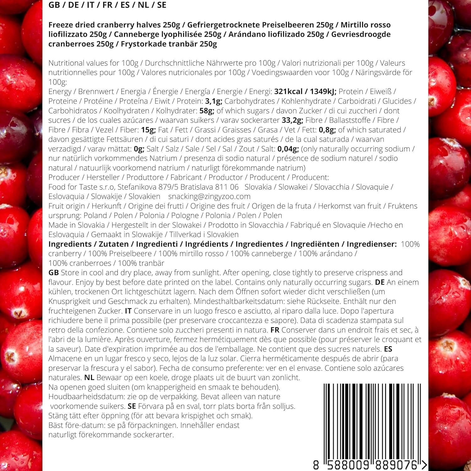 Frystorkade tranbär utan socker | XL 250g Frystorkade naturliga osötade tranbär | Frystorkade naturliga vilda frukter | Frystorkade tranbär | ZingyZoo Dehydrerade produkter Naty Shop
