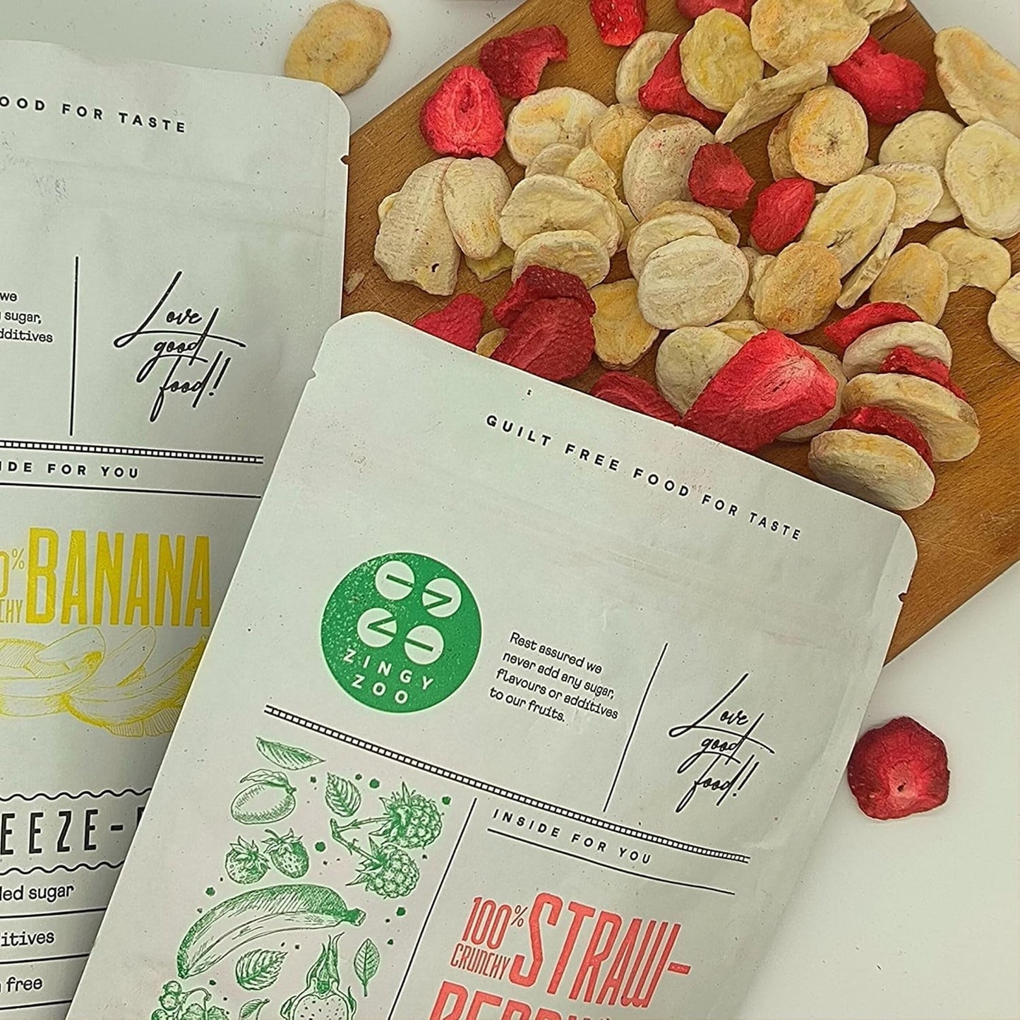 Blandning av frystorkad frukt ErdBana XL 300g | Frystorkade bananer + frystorkade jordgubbar Frystorkade fruktprovningsset | Jordgubb och banan frystorkad fruktmix | ZingyZoo Dehydrerade produkter Naty Shop