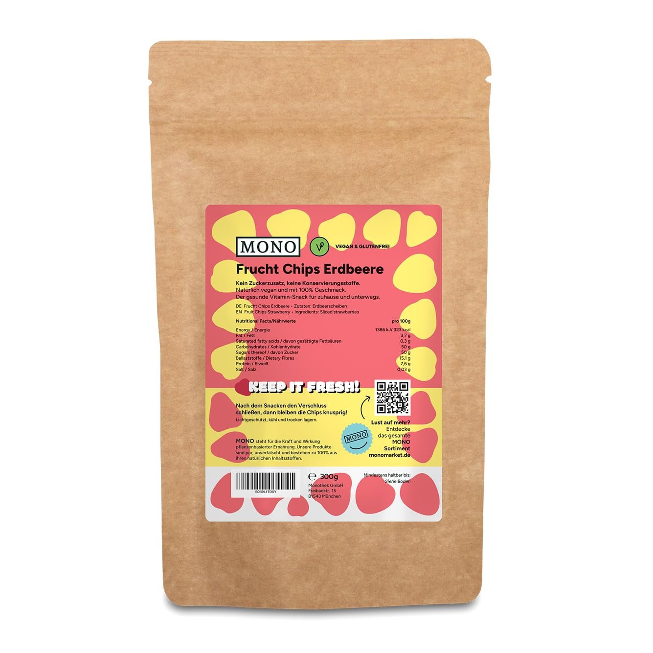 Mono frystorkade chips - 300g jordgubbschips från 100 % naturliga jordgubbar - torkad tropisk frukt - torkad jordgubbsfrukt - mellanmål till müsli och desserter - jordgubbschips Torkad produkter Naty Shop