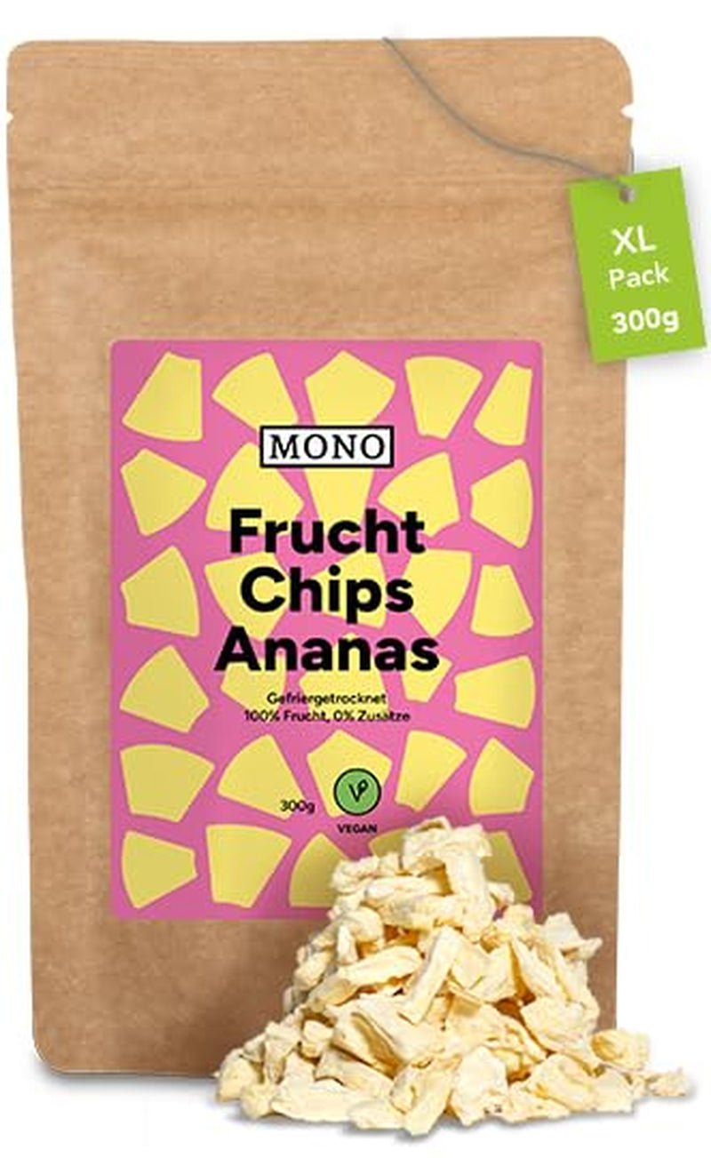 Mono frystorkade chips - 300 g jordgubbschips från 100 % naturliga jordgubbar - torkad tropisk frukt - torkad jordgubbsfrukt - mellanmål till müsli och desserter - jordgubbschips Torkade produkter Naty Shop Ananaschips