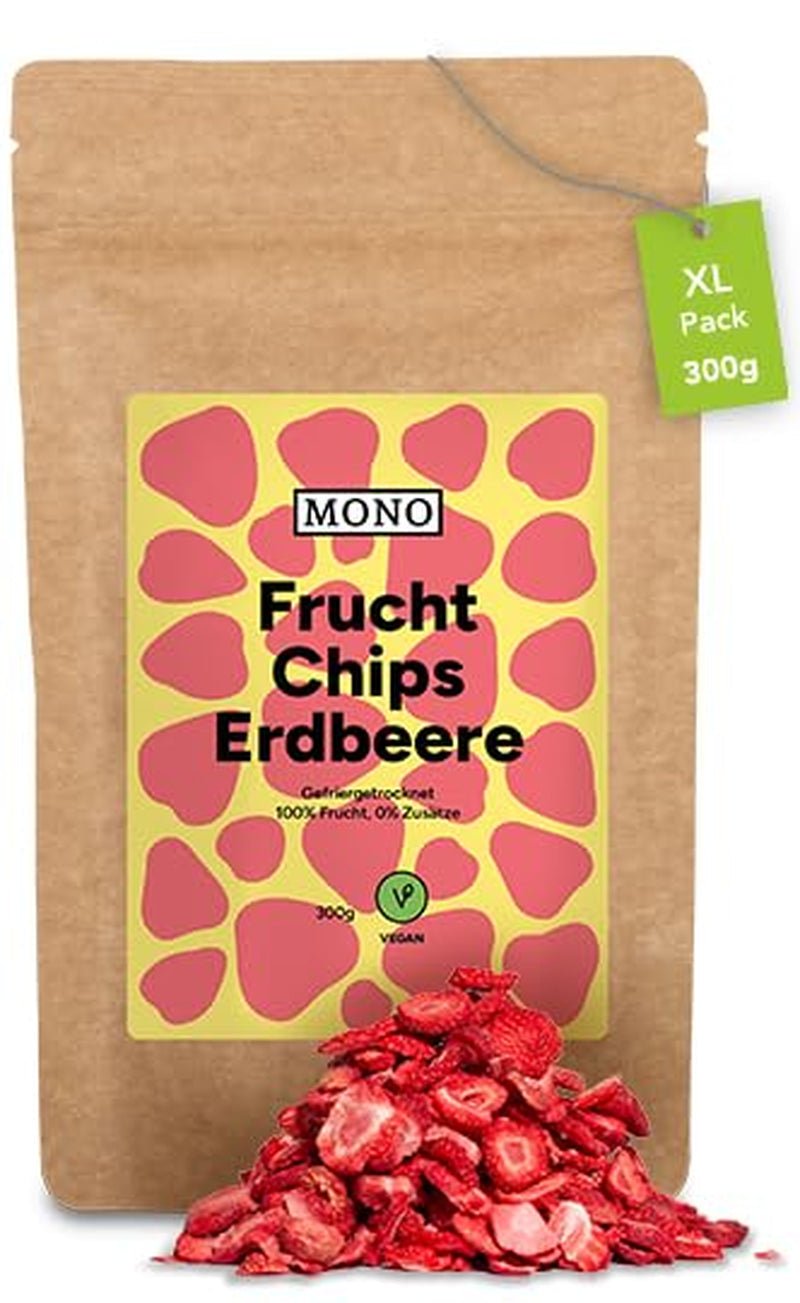 Mono frystorkade chips - 300g jordgubbschips från 100 % naturliga jordgubbar - torkad tropisk frukt - torkad jordgubbsfrukt - mellanmål till müsli och desserter - jordgubbschips Torkade produkter Naty Shop Strawberries