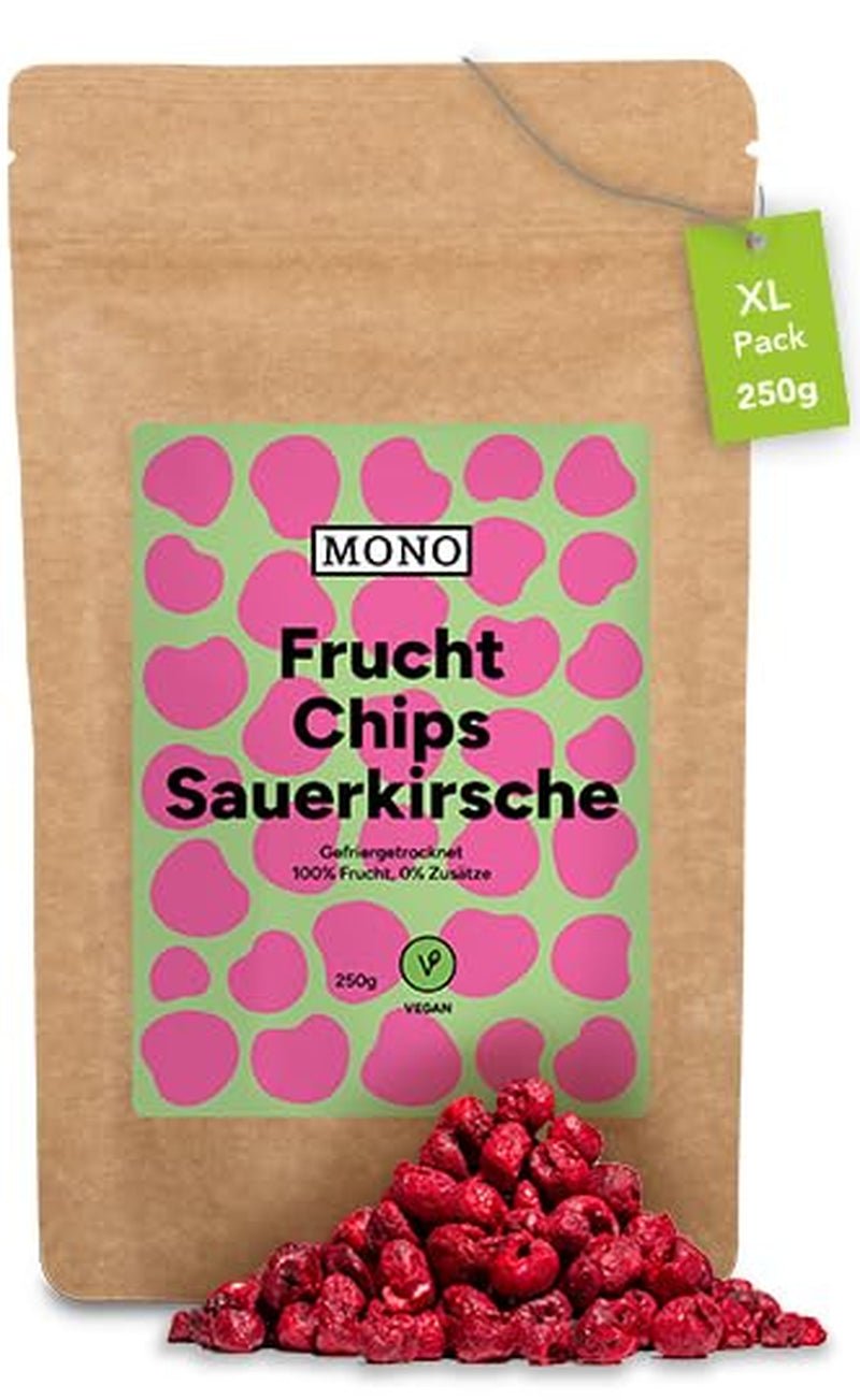 Mono frystorkade chips - 300g jordgubbschips från 100 % naturliga jordgubbar - torkad tropisk frukt - torkad jordgubbsfrukt - mellanmål till müsli och desserter - jordgubbschips Torkade produkter Naty Shop Bitter körsbär