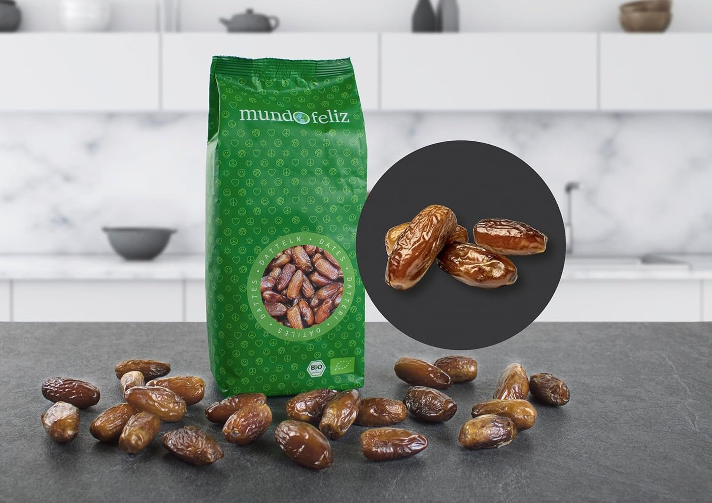 Mundo Feliz Torkade dadlar med frön från ekologiskt jordbruk, 2 x 500 g torkade produkter Naty Shop
