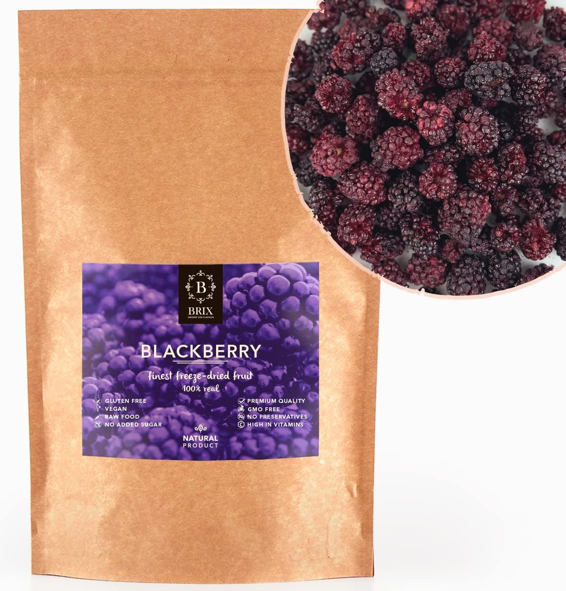 Frystorkade björnbär BRIX | Naturliga björnbär, torkade 105 g | Great Taste Award för torkade bär | Icke-GMO, glutenfri, vegan, undanhållna vitaminer Naty Shop Dehydrerade produkter Standardtitel