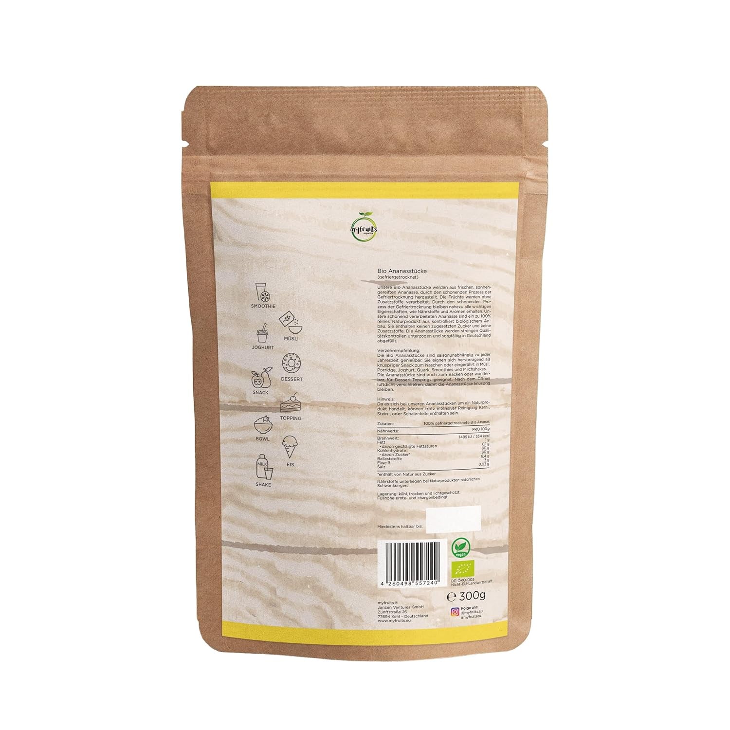 myfruits ekologisk frystorkad ananas, 300g, torkad frukt utan tillsatser, 100% ananas i stora bitar, frystorkad frukt till müsli eller som mellanmål Torkad produkter Naty Shop