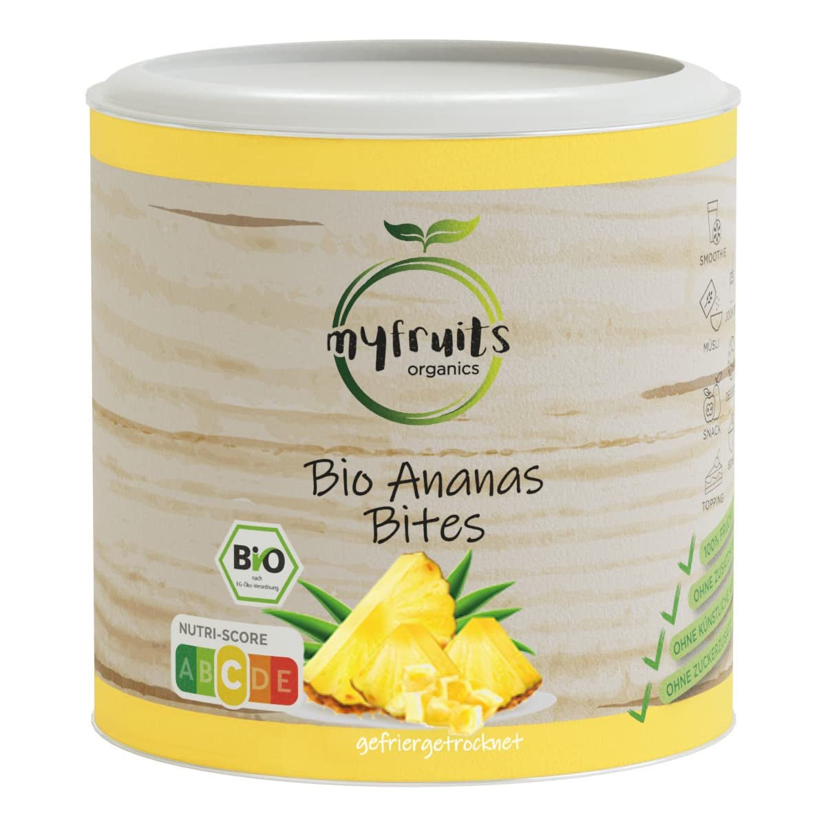 myfruits ekologisk frystorkad ananas, 300g, torkad frukt utan tillsatser, 100% ananas i stora bitar, frystorkad frukt till müsli eller som mellanmål Torkad produkter Naty Shop 85 Gram