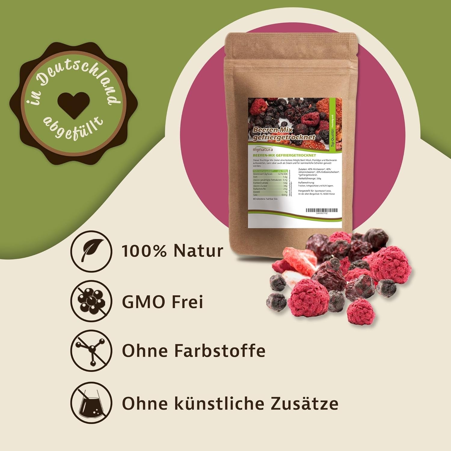 Mynatura Färgglad blandning av frystorkade bär I Fruktmix I Hallon I Svarta vinbär I Jordgubbar I Fruktsnacks I Vegan I 350g Torkade produkter Naty Shop