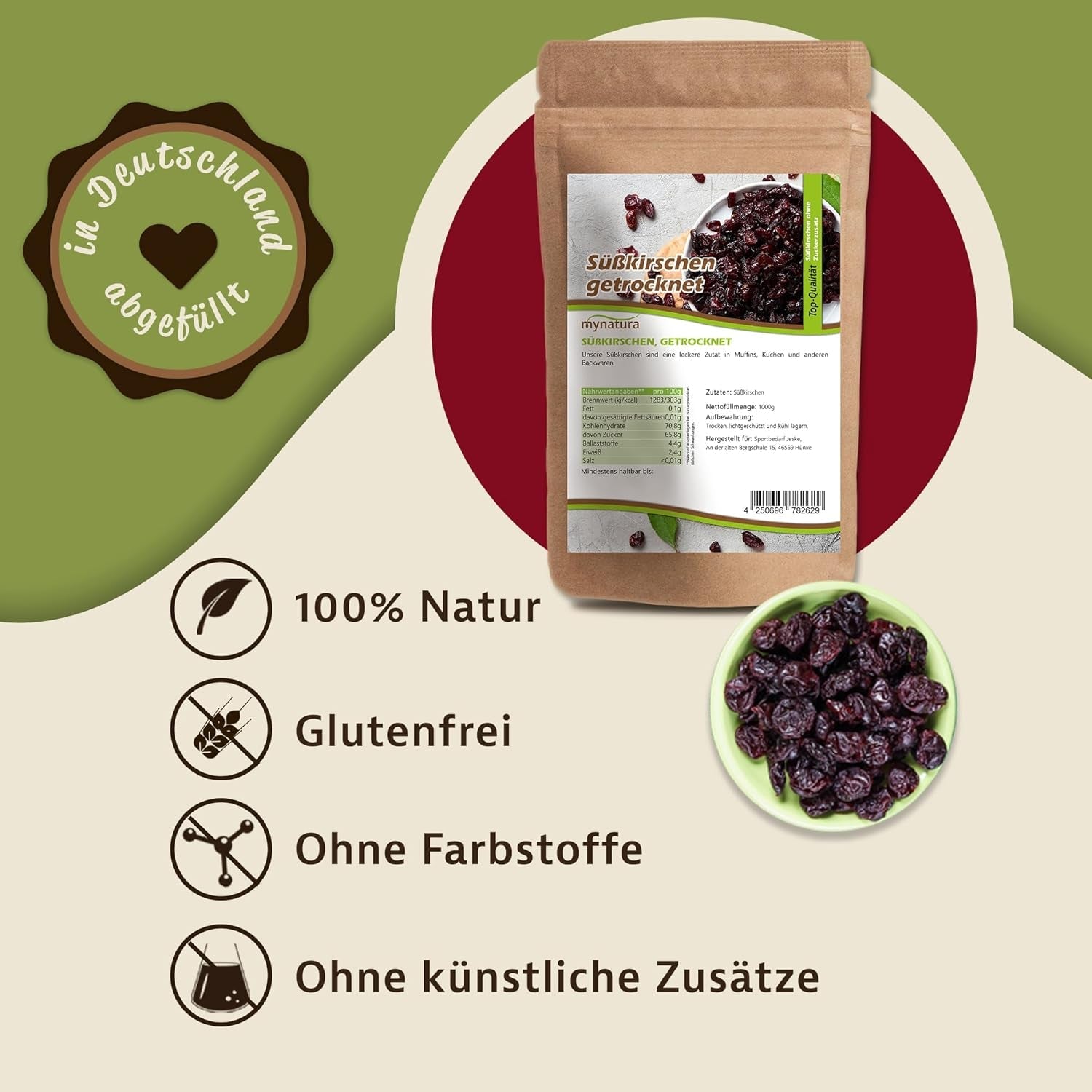Mynatura söta, torkade, kärnfria körsbär I Osötad I Torkad frukt I Inga tillsatser I Bakning I Körsbär I Mellanmål I Müsli I Vegansk I Påse (1x 1000g) Dehydrerade produkter Naty Shop