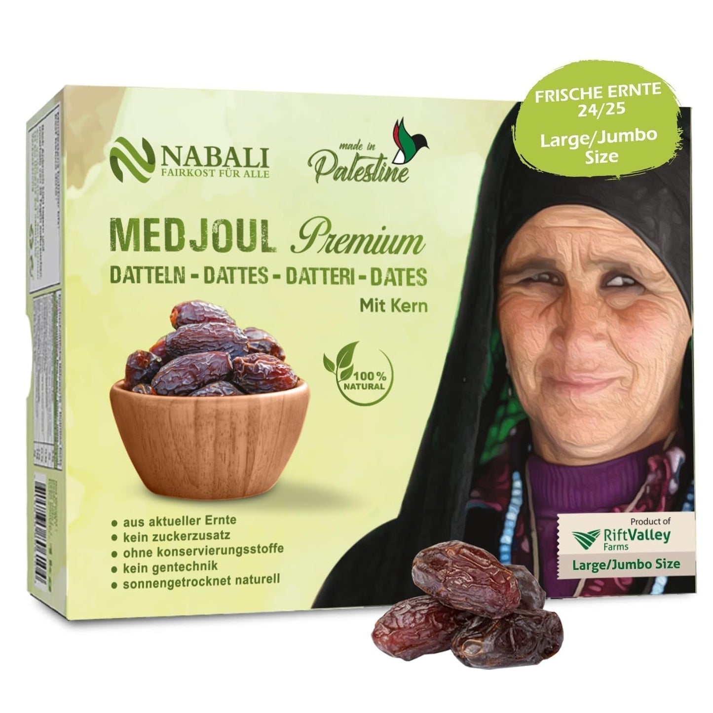 NABALI FAIRKOST FÖR ALLA Dadlar Medjool Medjoul från Palestina - 100% naturlig vegansk aromatisk traditionell färsk och orientalisk I utan konserveringsmedel 5 kg (1 förpackning), Small/Medium Dehydrerade produkter Naty Shop 1 kg (1 pack), Large/Jumbo