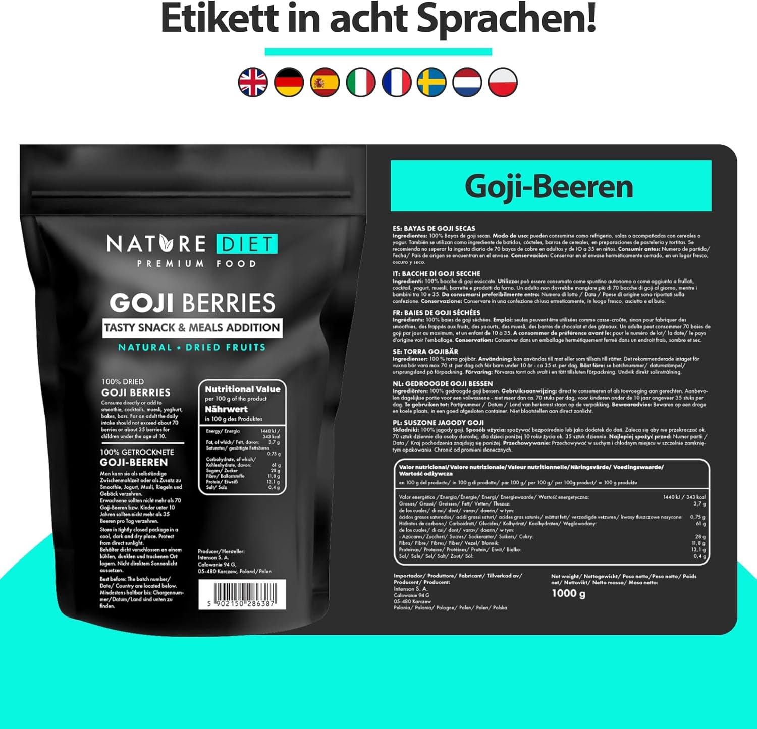 Nature Diet - Gojibär 1000 g | Torkade bär | Hälsosamt mellanmål Naty Shop uttorkade produkter