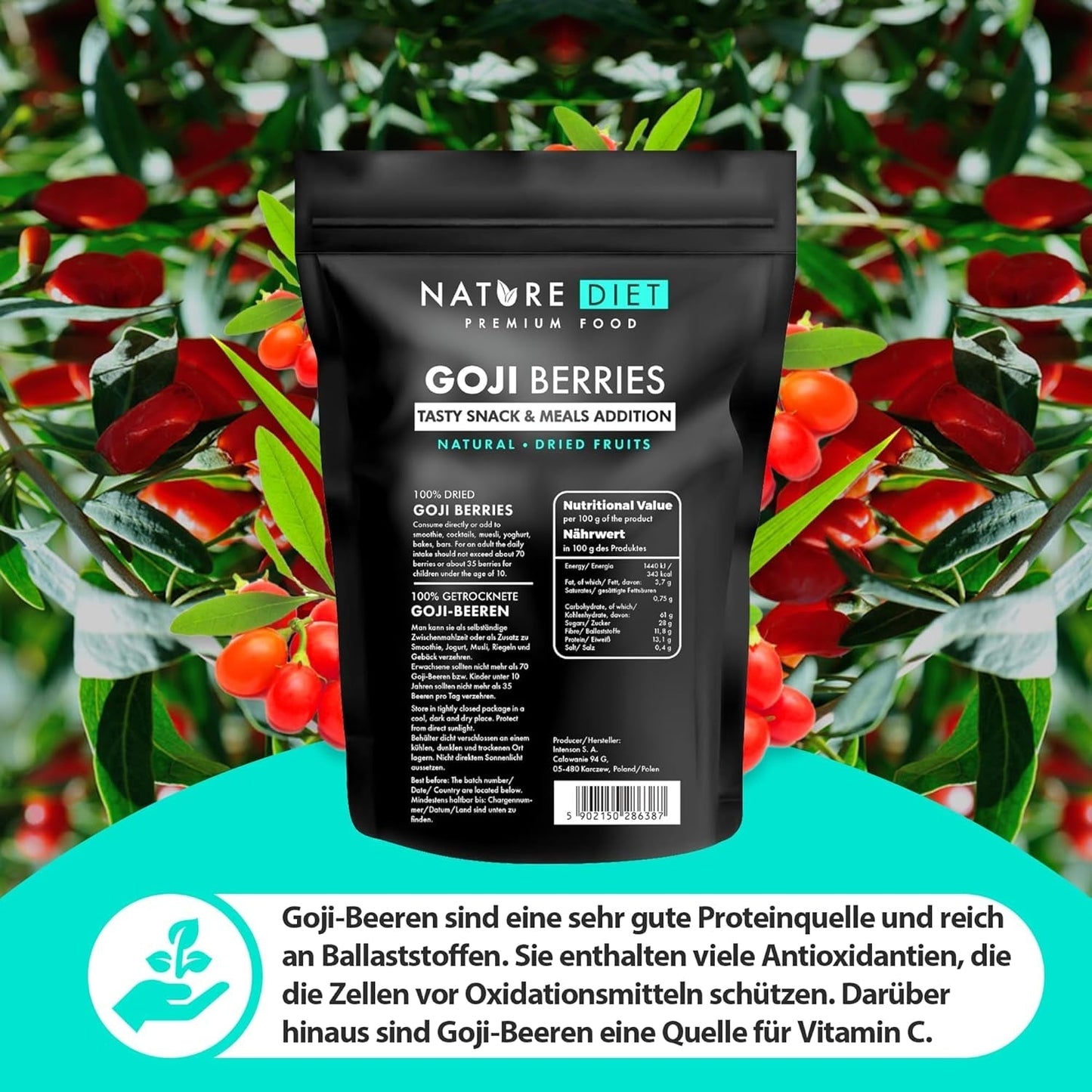 Nature Diet - Gojibär 1000 g | Torkade bär | Hälsosamt mellanmål Naty Shop uttorkade produkter