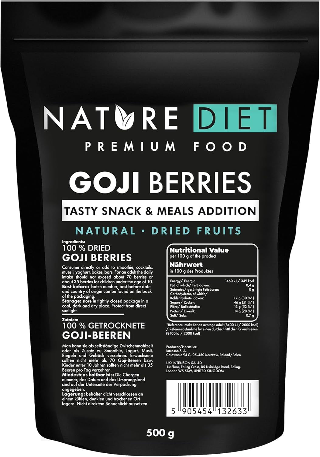 Nature Diet - Gojibär 1000 g | Torkade bär | Hälsosamt mellanmål Naty Shop uttorkade produkter 500G