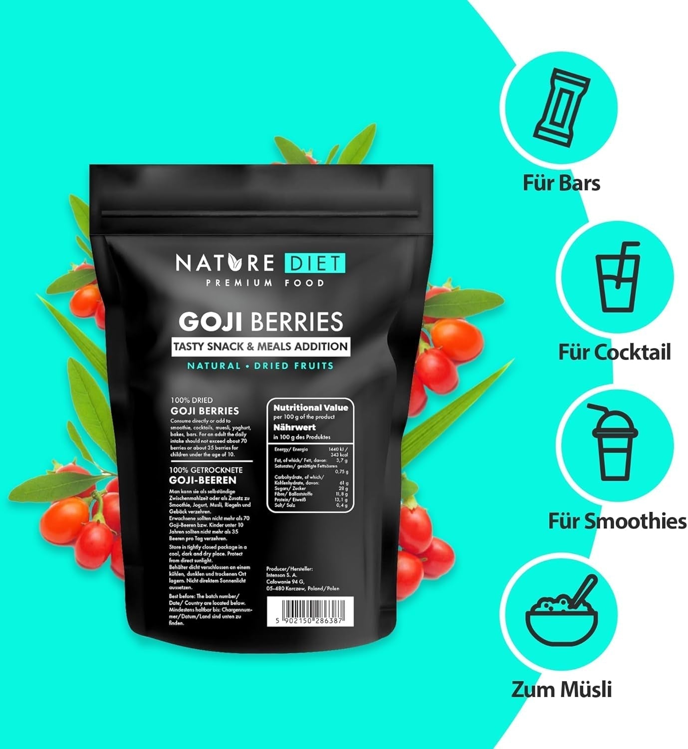 Nature Diet - Gojibär 1000 g | Torkade bär | Hälsosamt mellanmål Naty Shop uttorkade produkter
