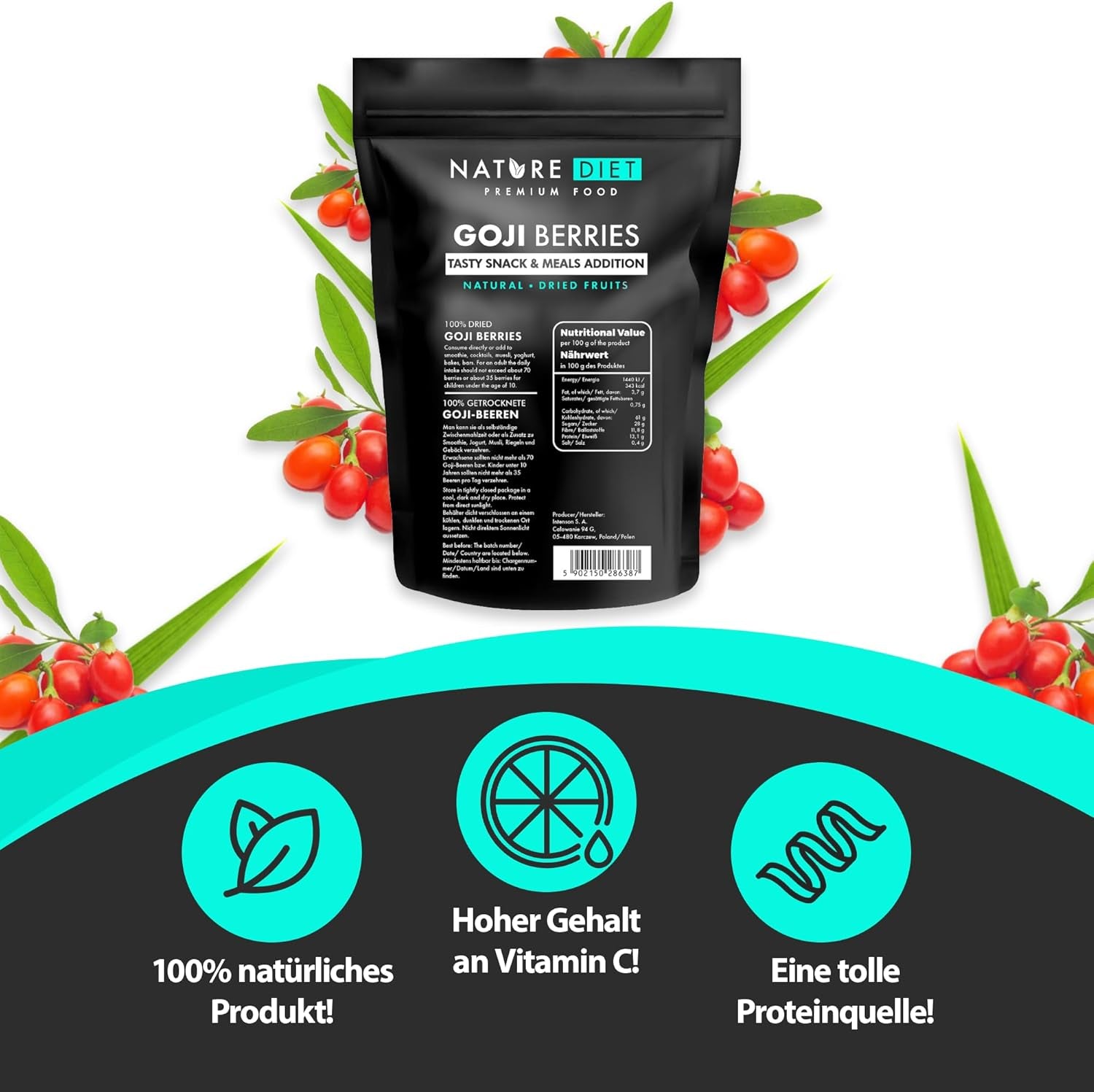 Nature Diet - Gojibär 1000 g | Torkade bär | Hälsosamt mellanmål Naty Shop uttorkade produkter