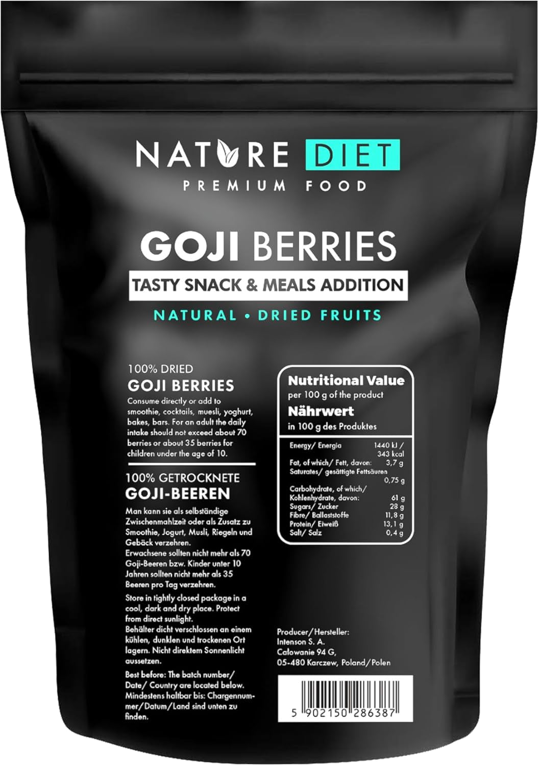 Nature Diet - Gojibär 1000 g | Torkade bär | Hälsosamt mellanmål Uttorkade produkter Naty Shop 1 kg (1 paket)