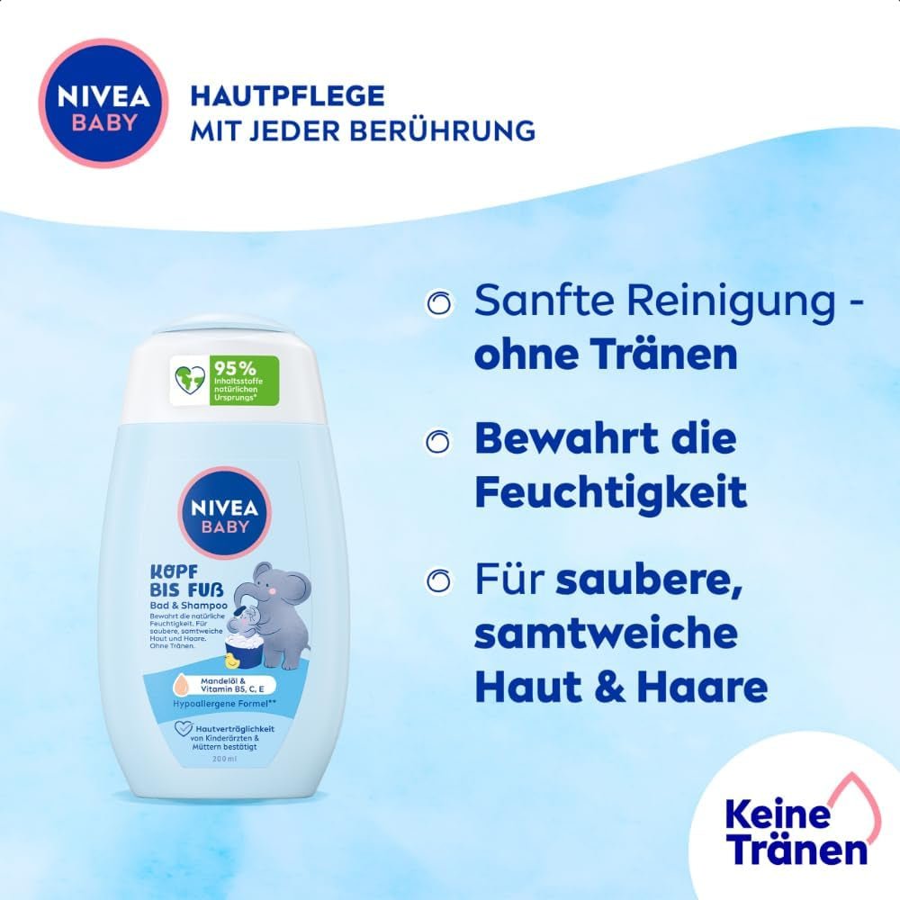 NIVEA BABY topp till tå bad & schampo, skonsamt veganskt schampo för barns hud och hår med mandelolja, avslappnande duschgel med hypoallergen formula utan parabener och mikroplaster (200 ml) Barn - Bath and Skincare Naty Shop