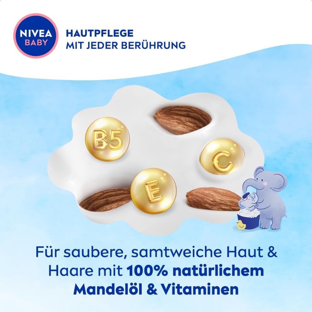 NIVEA BABY topp till tå bad & schampo, skonsamt veganskt schampo för barns hud och hår med mandelolja, avslappnande duschgel med hypoallergen formula utan parabener och mikroplaster (200 ml) Barn - Bath and Skincare Naty Shop