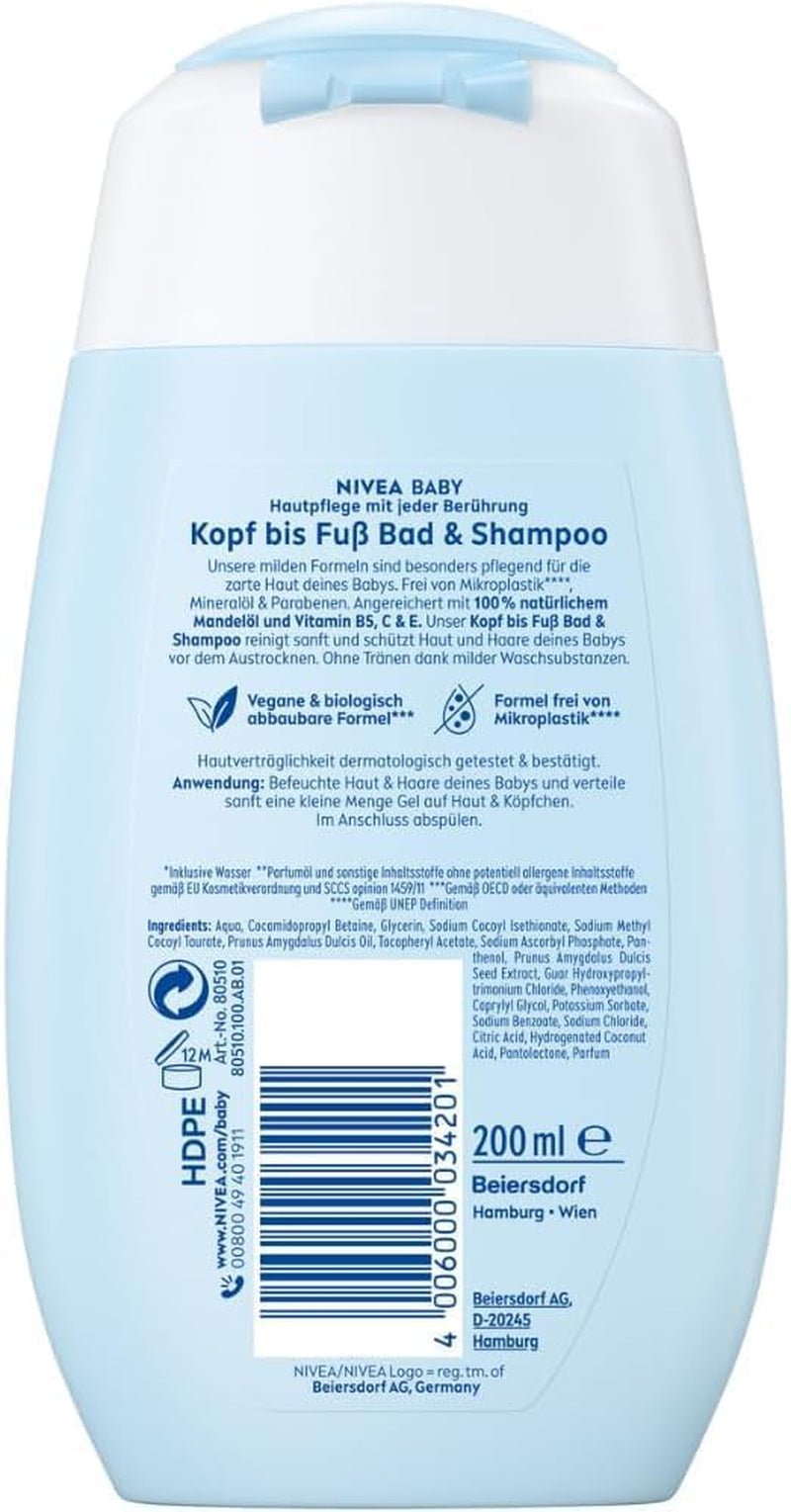 NIVEA BABY topp till tå bad & schampo, skonsamt veganskt schampo för barns hud och hår med mandelolja, avslappnande duschgel med hypoallergen formula utan parabener och mikroplaster (200 ml) Barn - Bath and Skincare Naty Shop
